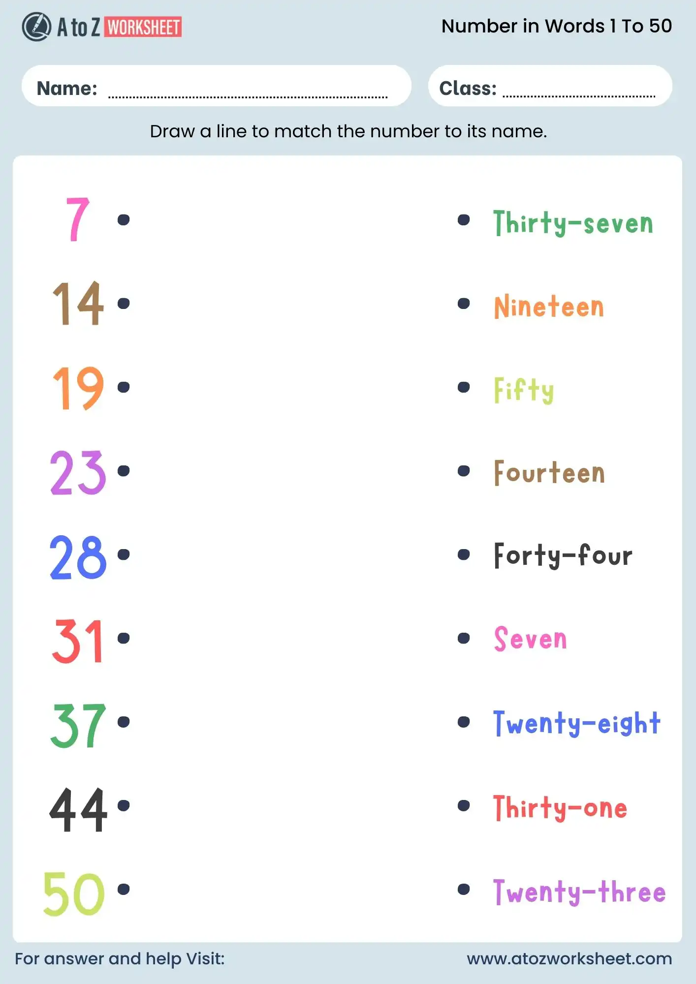 number names 1 to 50 worksheet matching activity