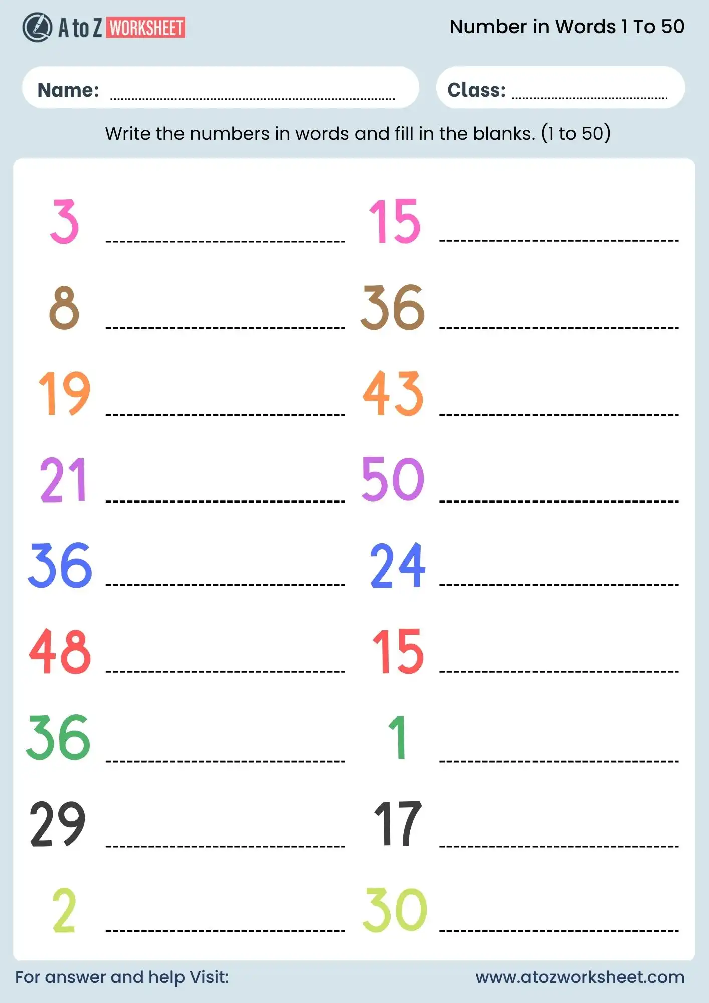 number names 1 to 50 worksheet fill in the blanks