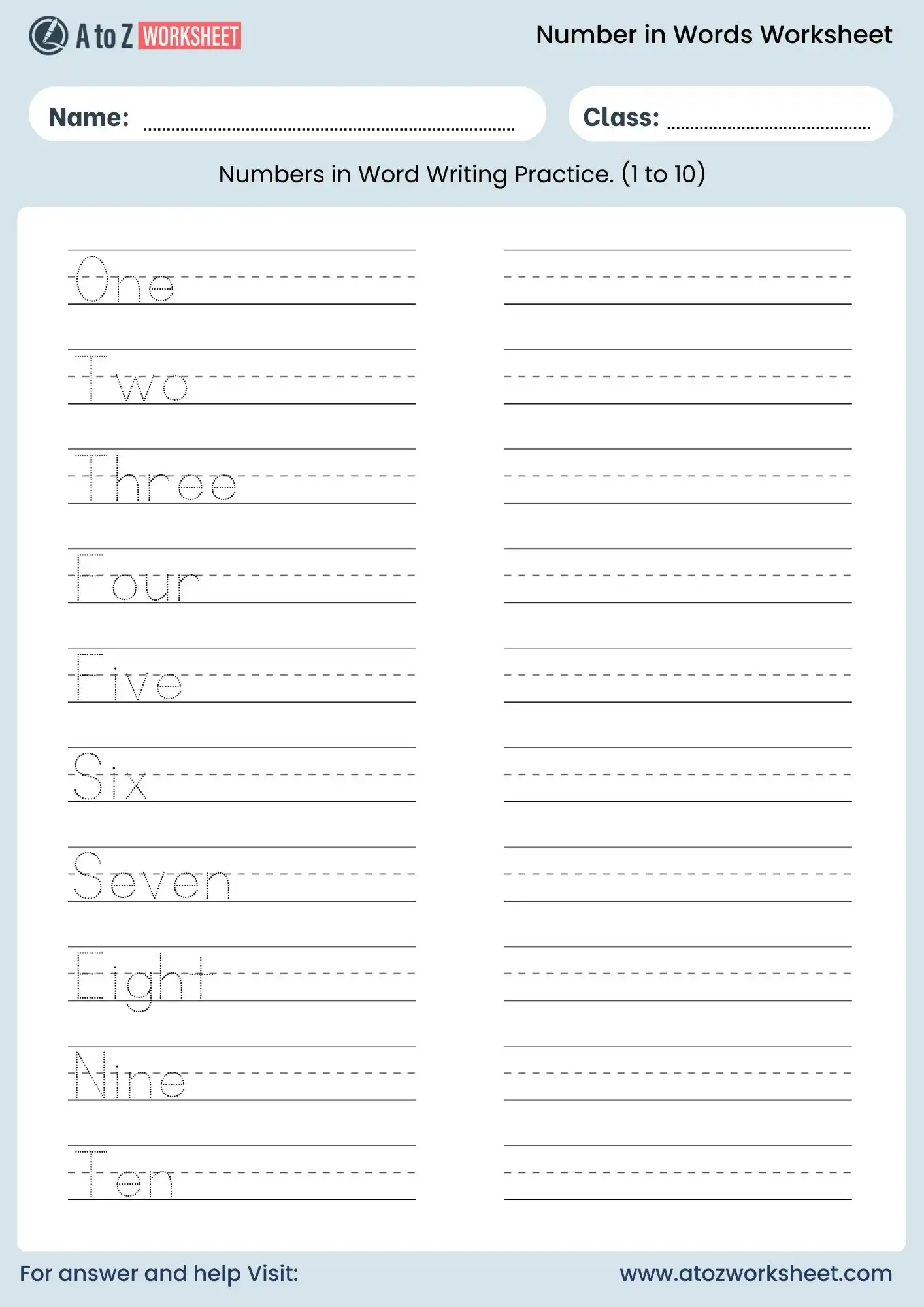 number names worksheets for nursery 1 to 10