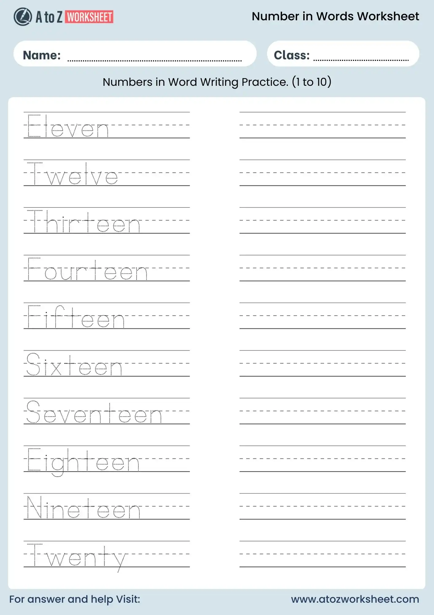 number names worksheet for lkg 11 to 20