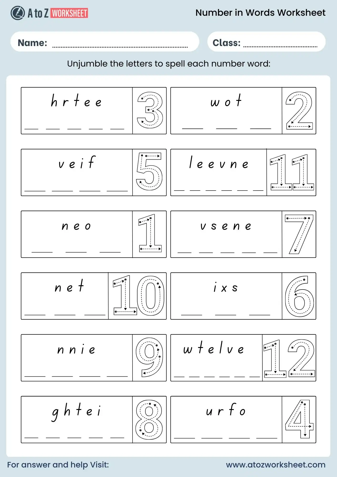 number names worksheet for class 1 unscramble 1 to 12
