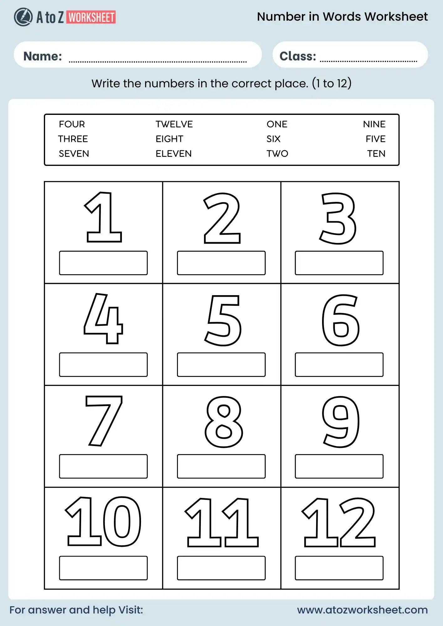 number names worksheet 1 to 12 matching activity