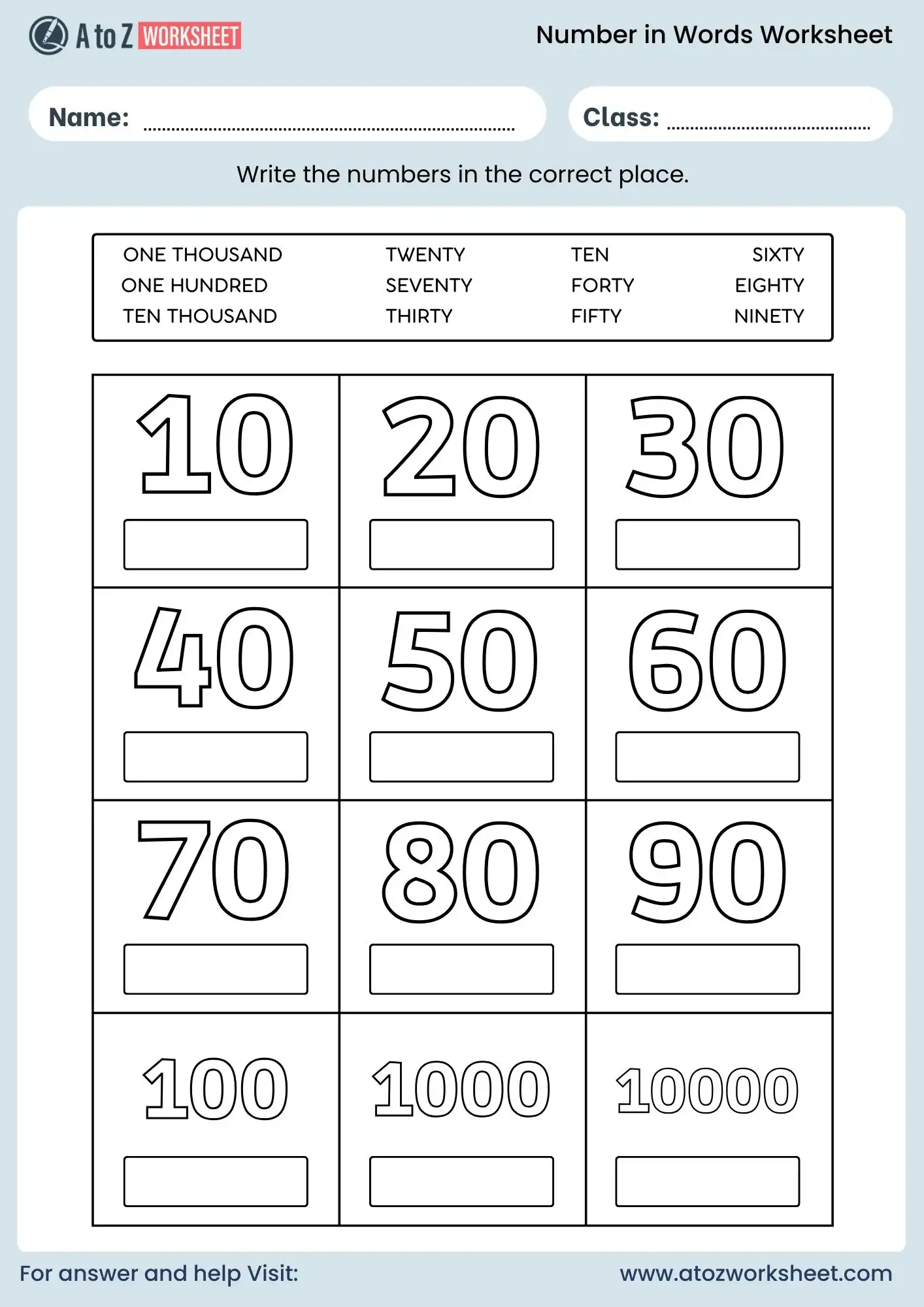 number names worksheet with tens hundreds and thousands