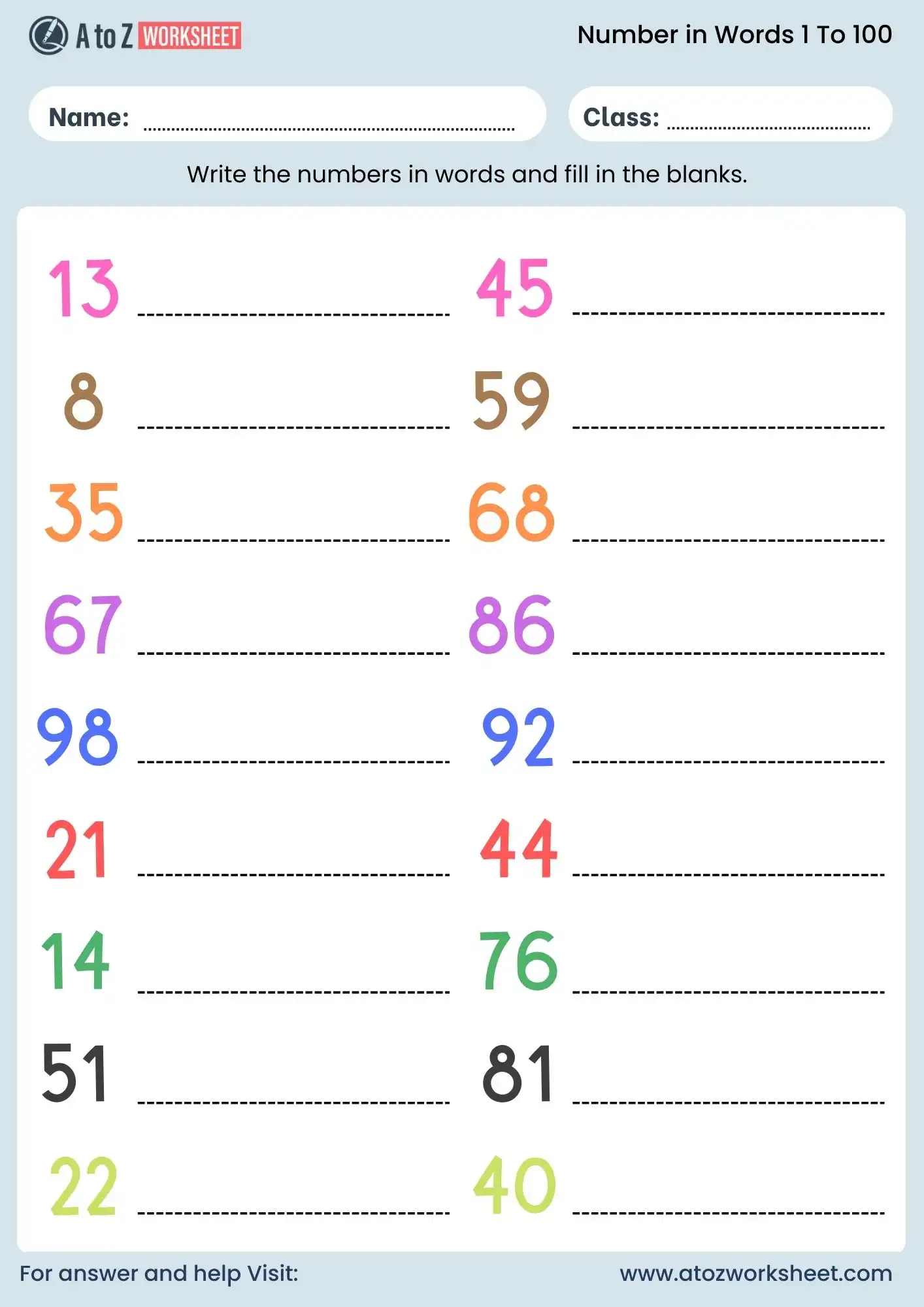 number names worksheet 1 to 100 fill in the blanks