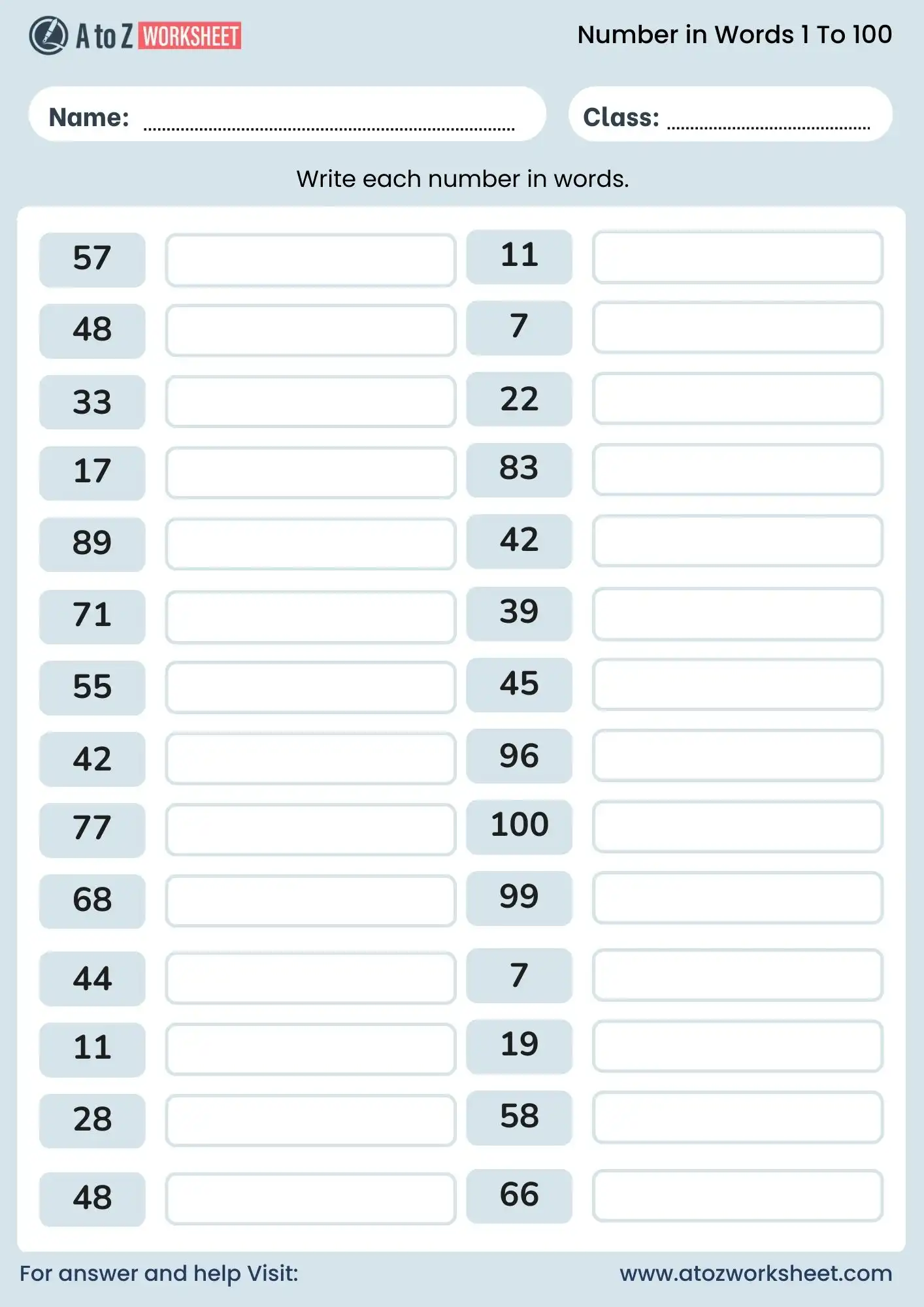 number names worksheet 1 to 100 write numbers in words