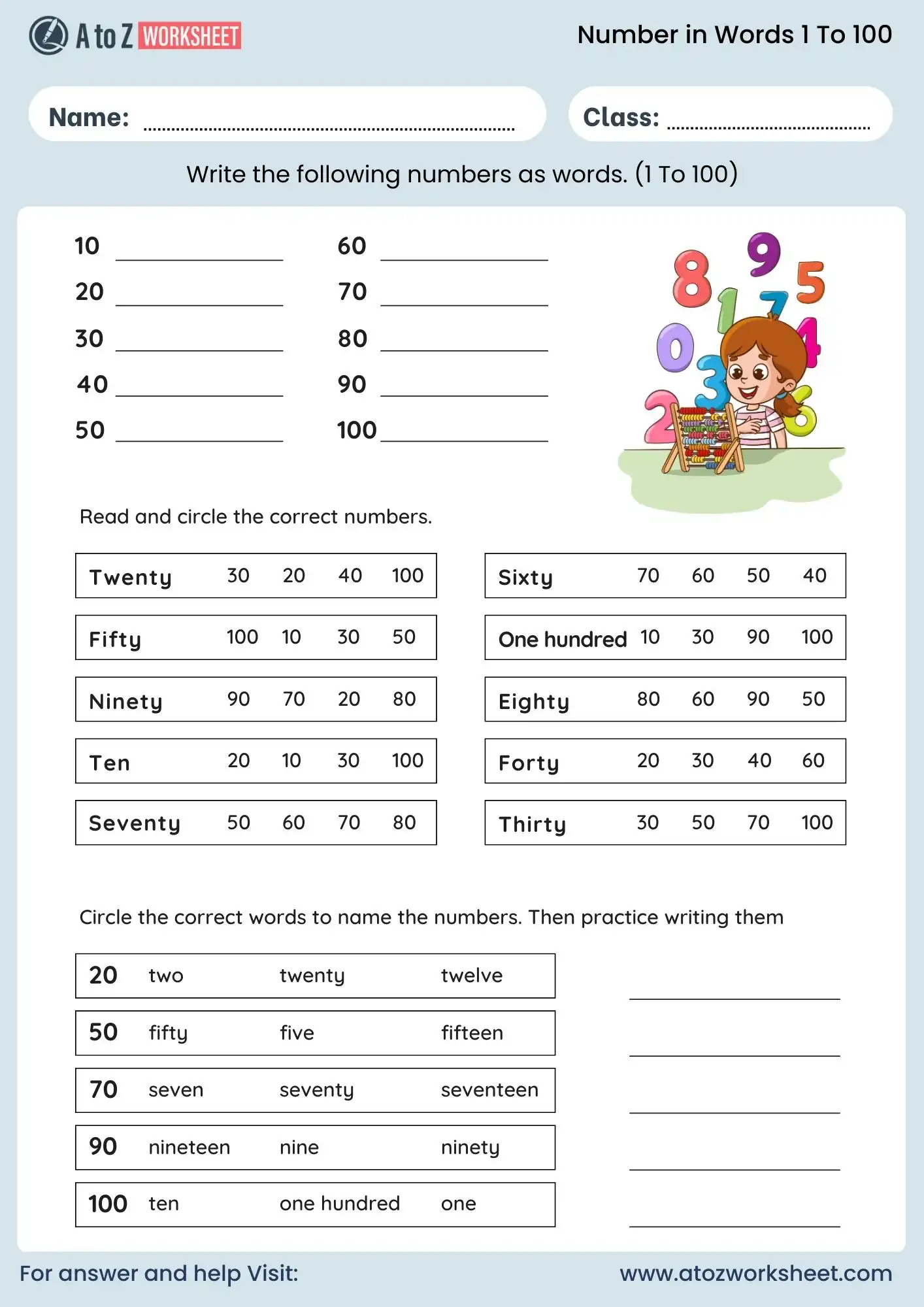 number names worksheet 1 to 100 circle activity