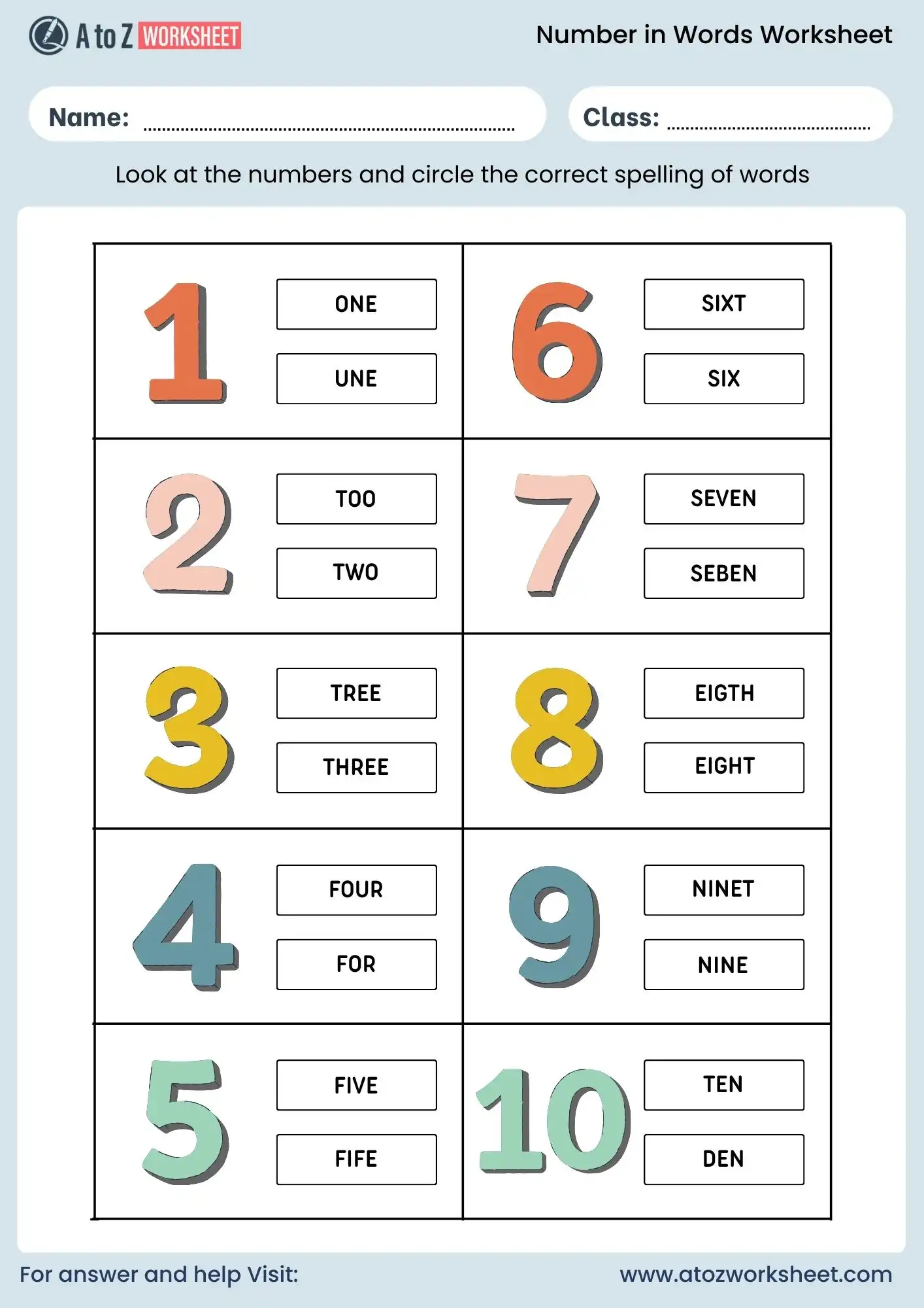 number names worksheet for ukg spelling activity