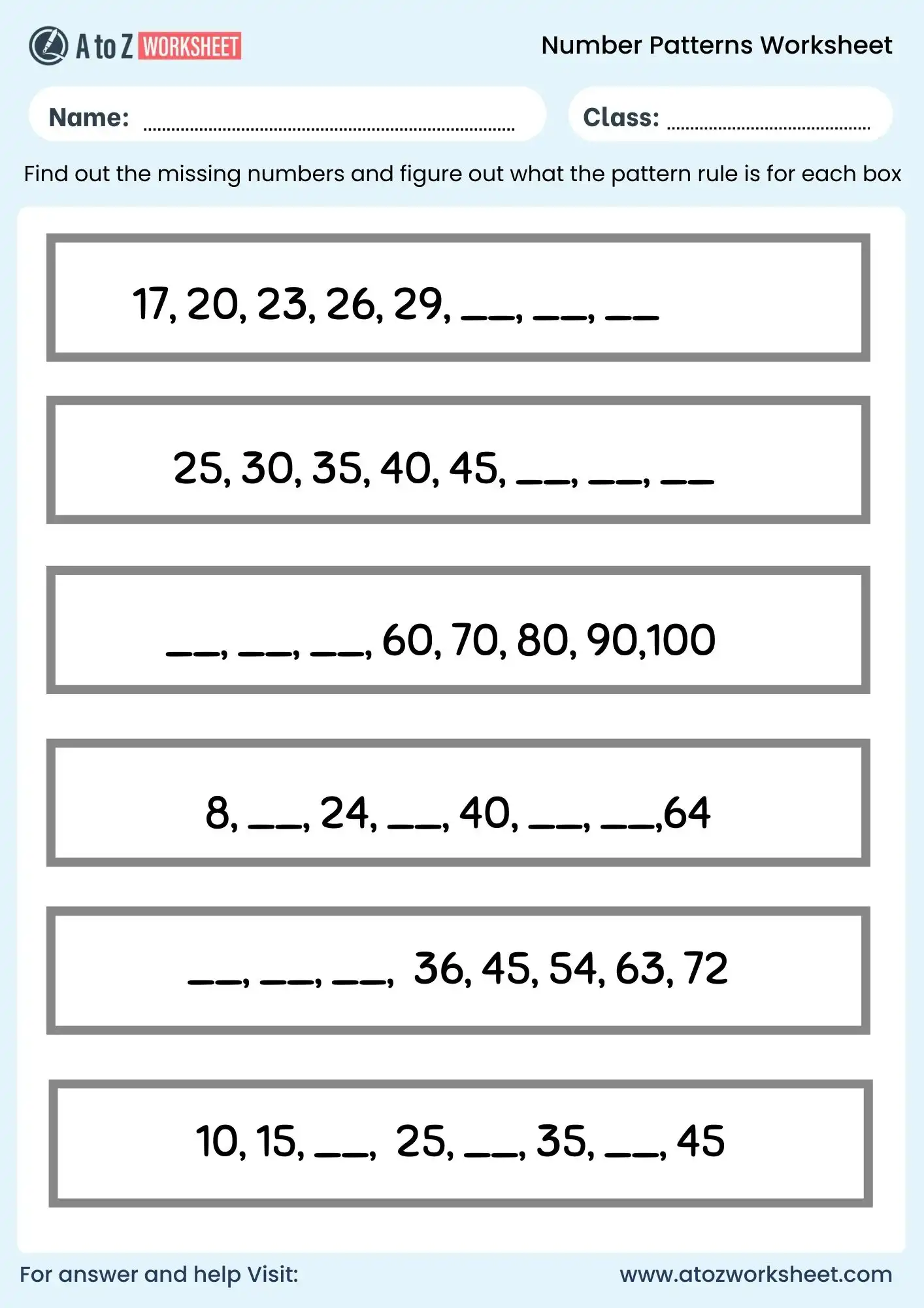 number patterns worksheets with answers grade 6 printable