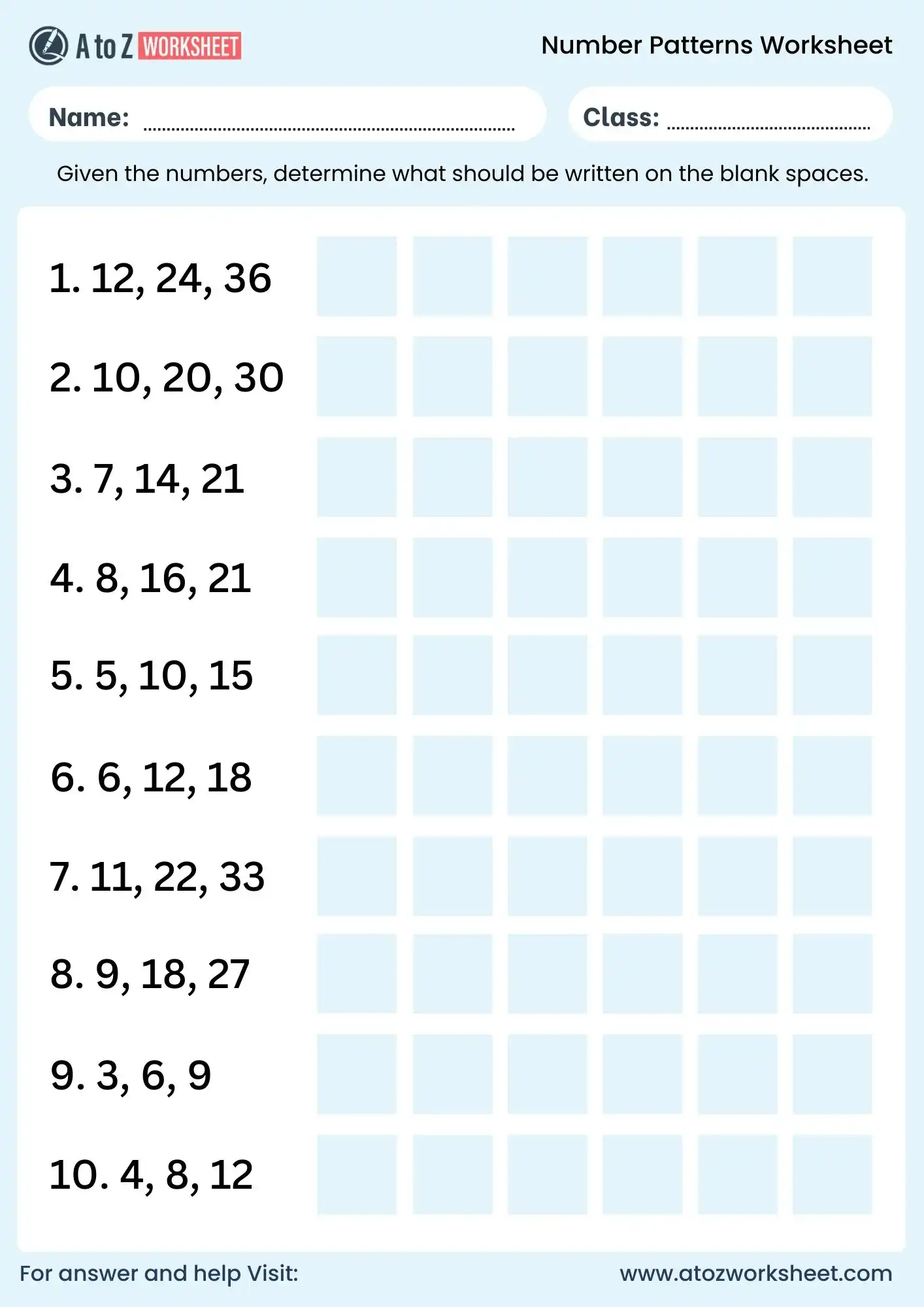 number patterns worksheets with answers practice sheet