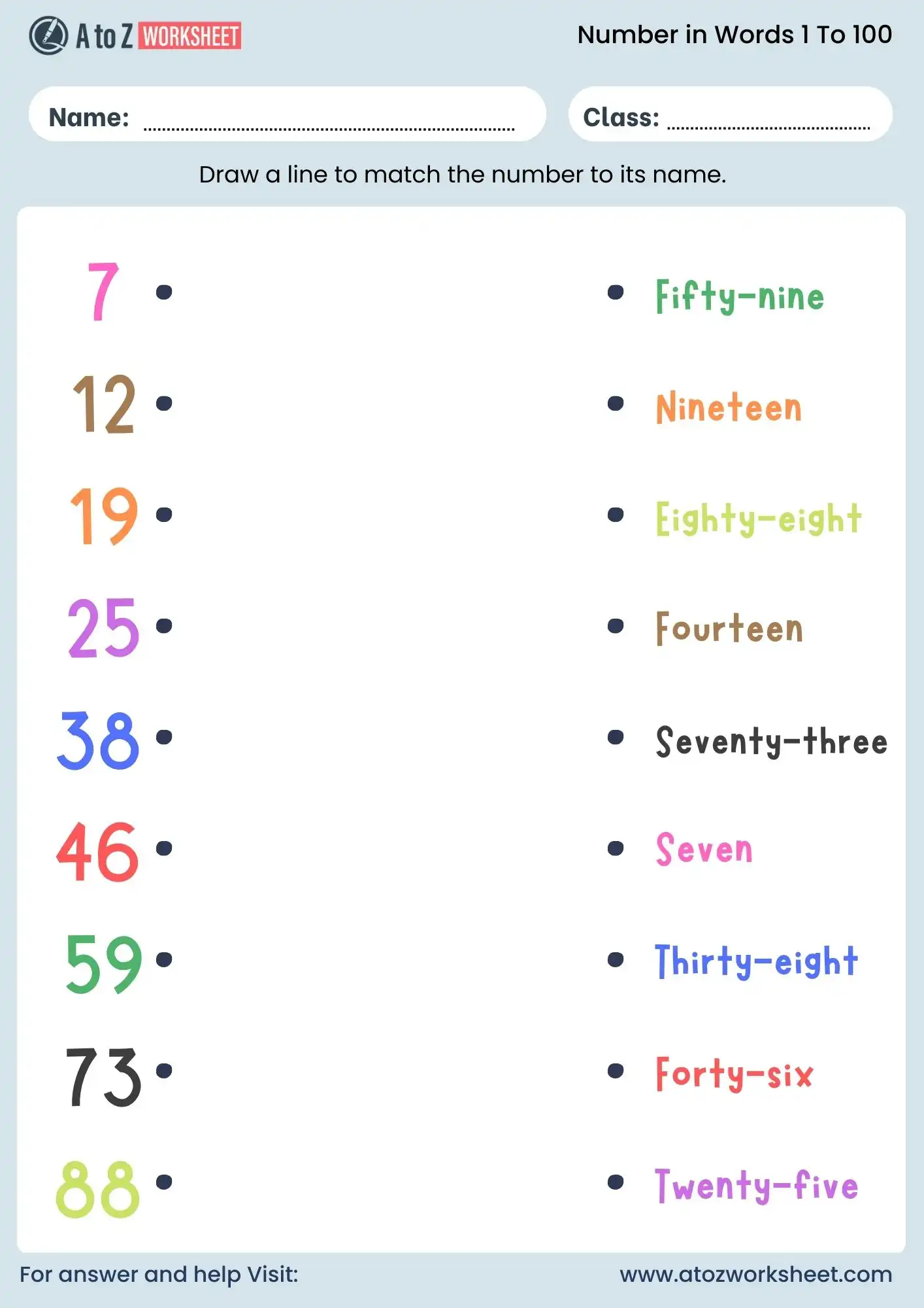 number words worksheets matching activity 1 to 100