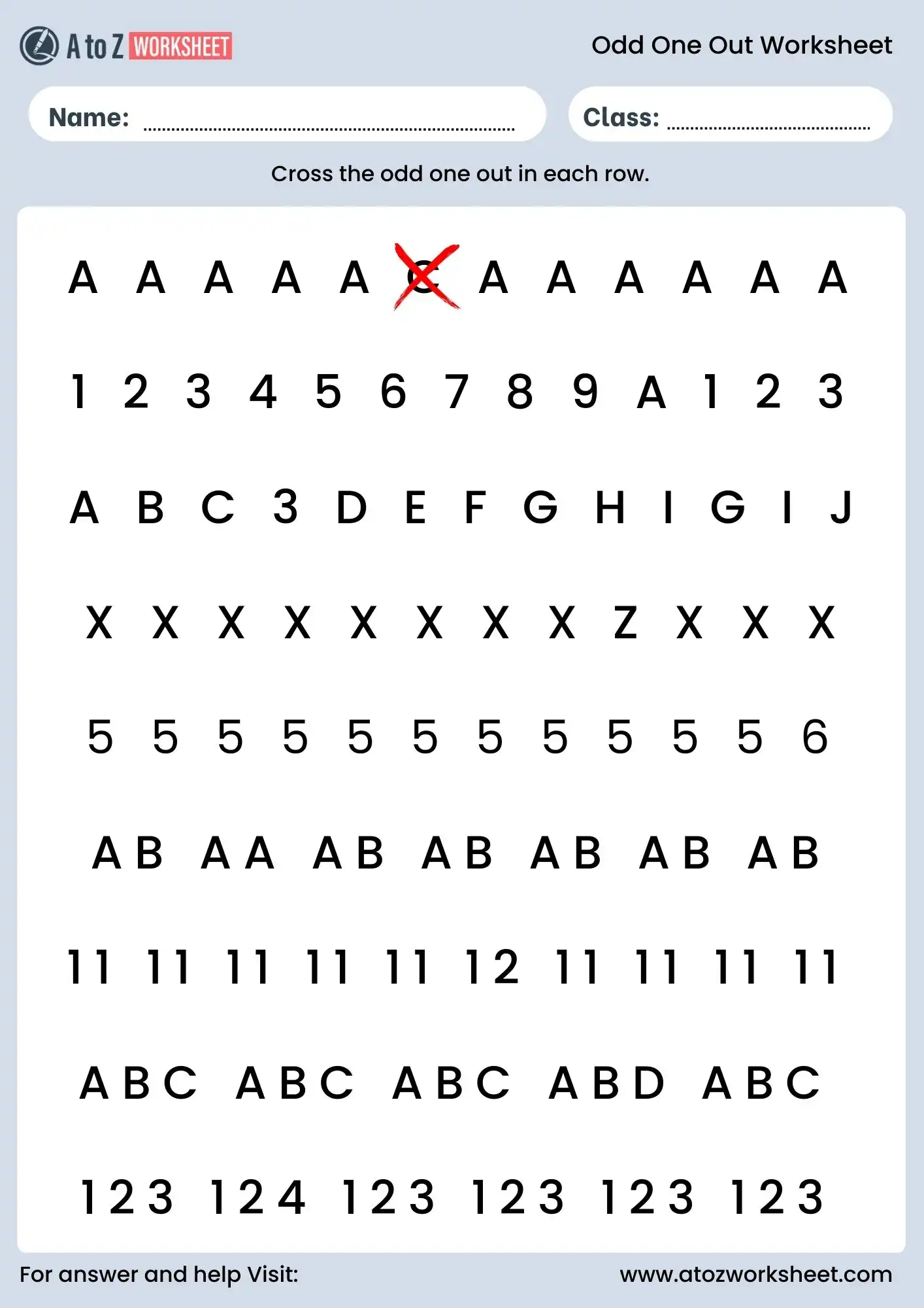 odd one out worksheet alphabets and numbers for class 1 students