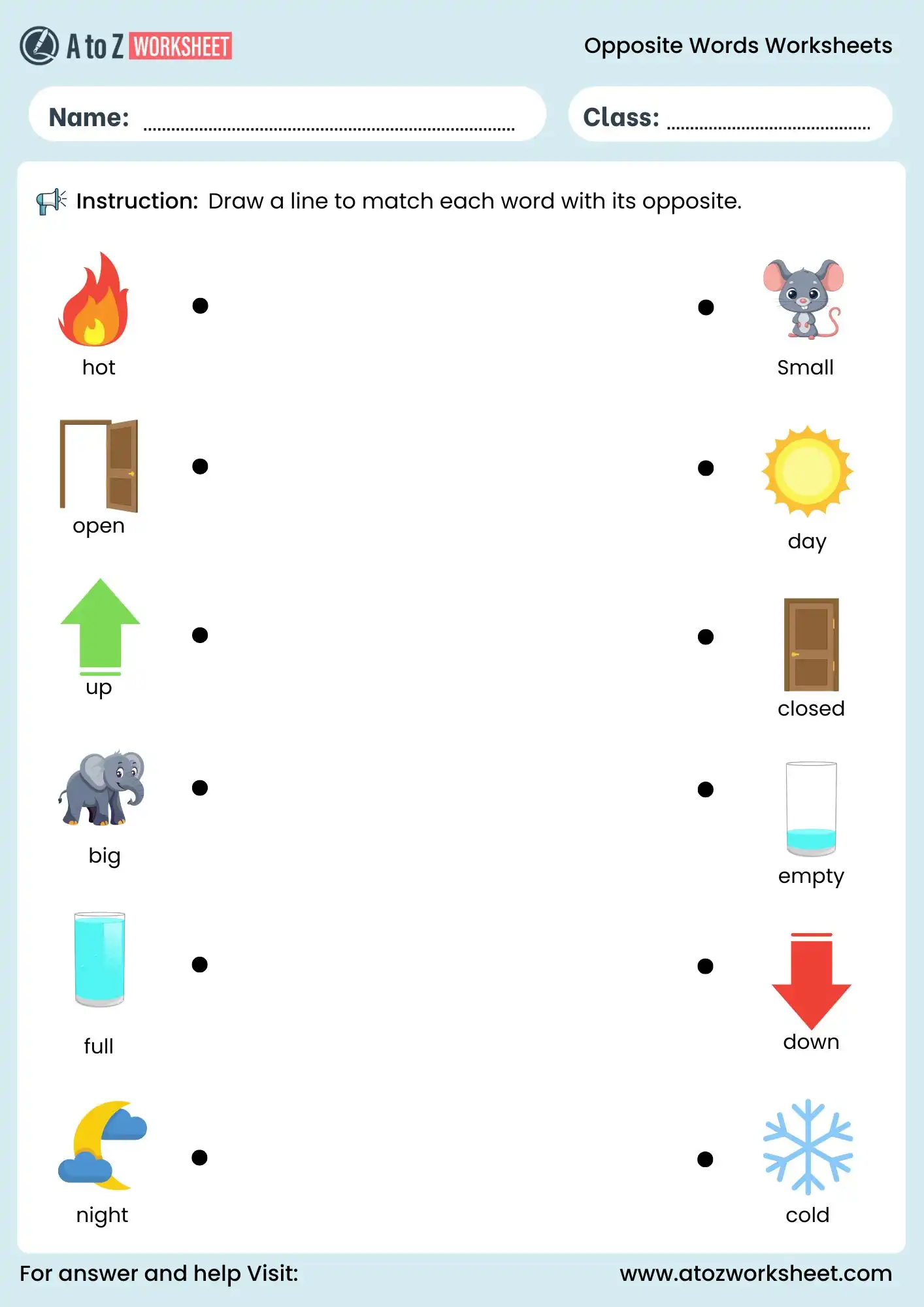 opposite words worksheet for class 1 and class 2 with picture activity
