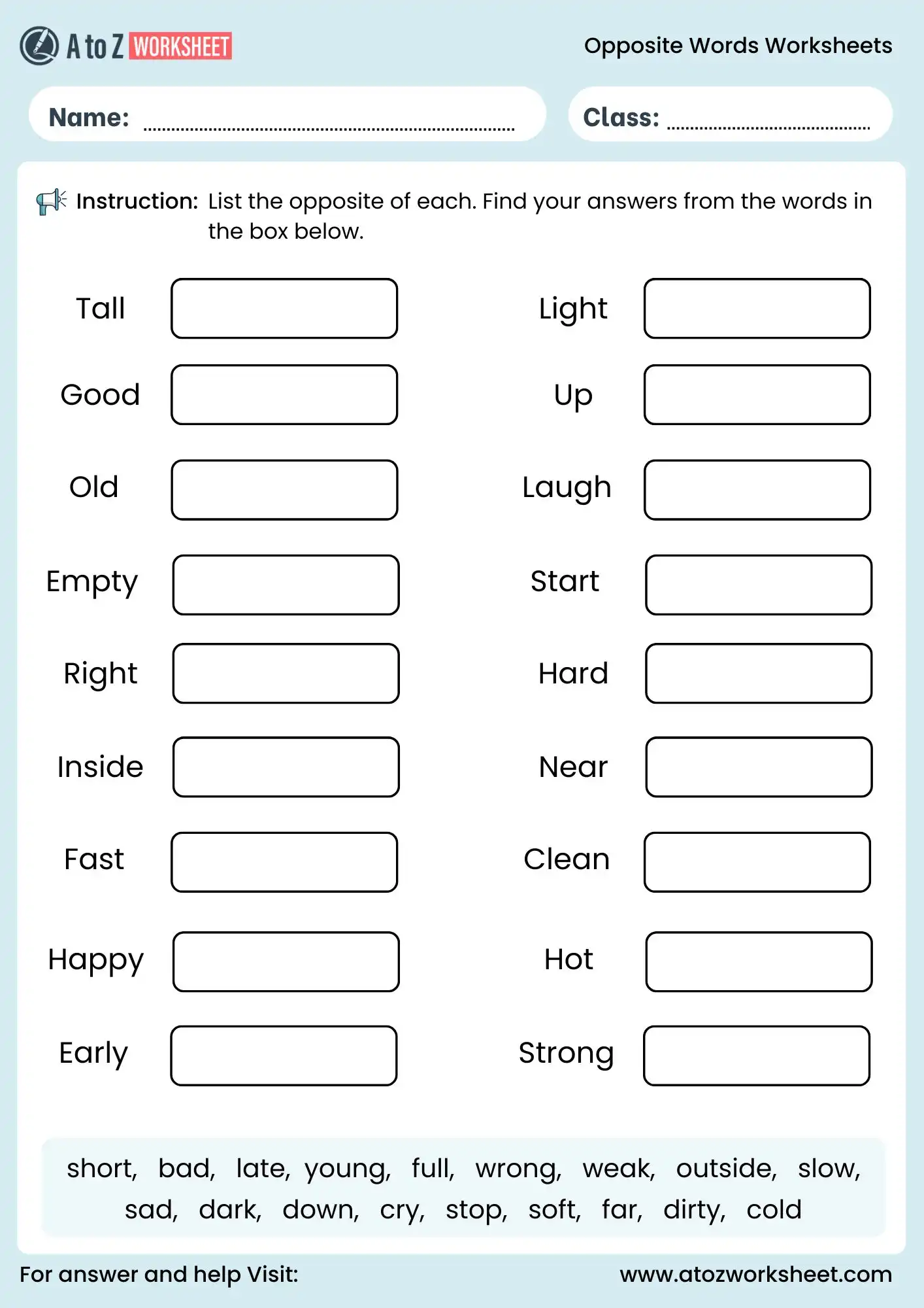 opposite words worksheet for class 1 and class 2 vocabulary exercise