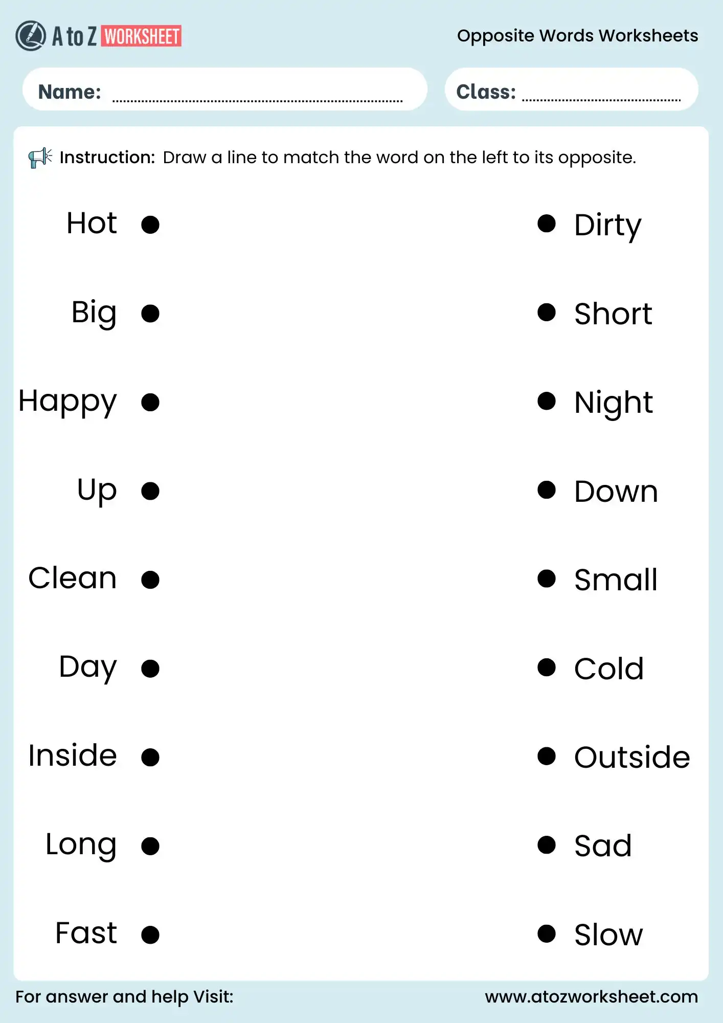 opposite words worksheet for class 1 and class 2 matching practice