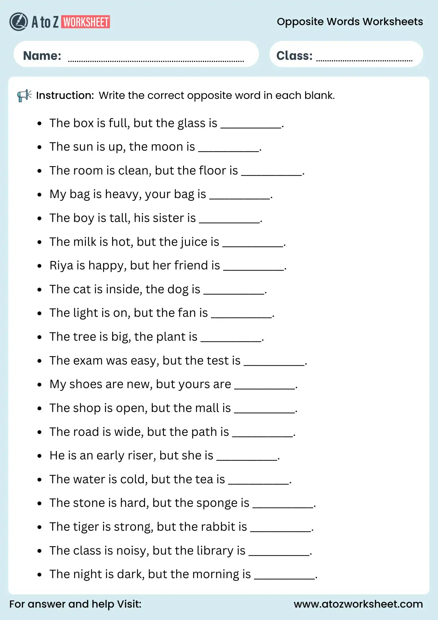 opposite words worksheet for class 1 and class 2 fill in the blanks