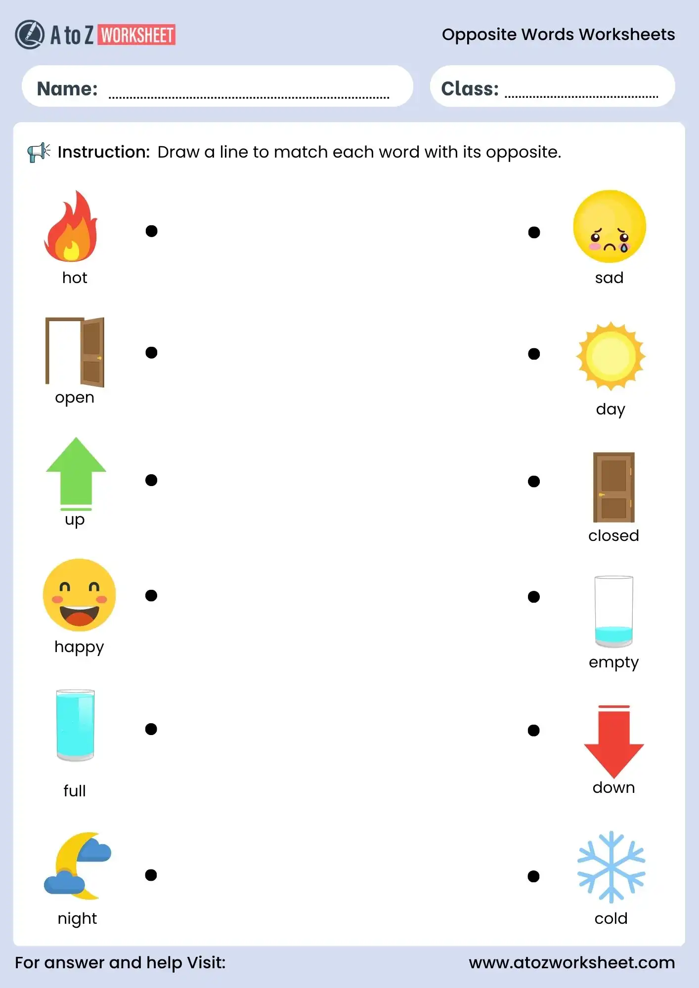 opposite words worksheets for kids matching activity