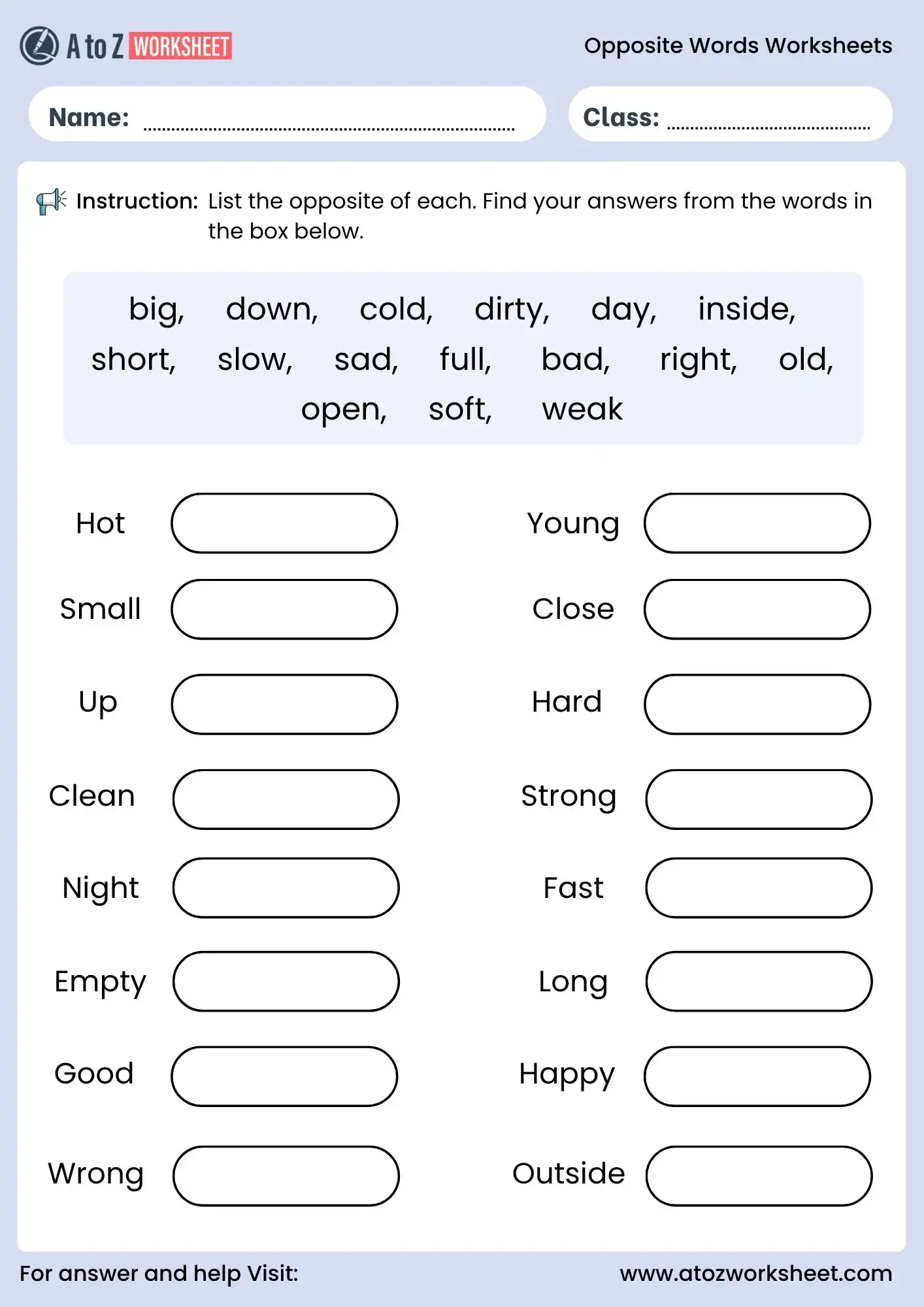 opposite words worksheets for class 3 vocabulary practice