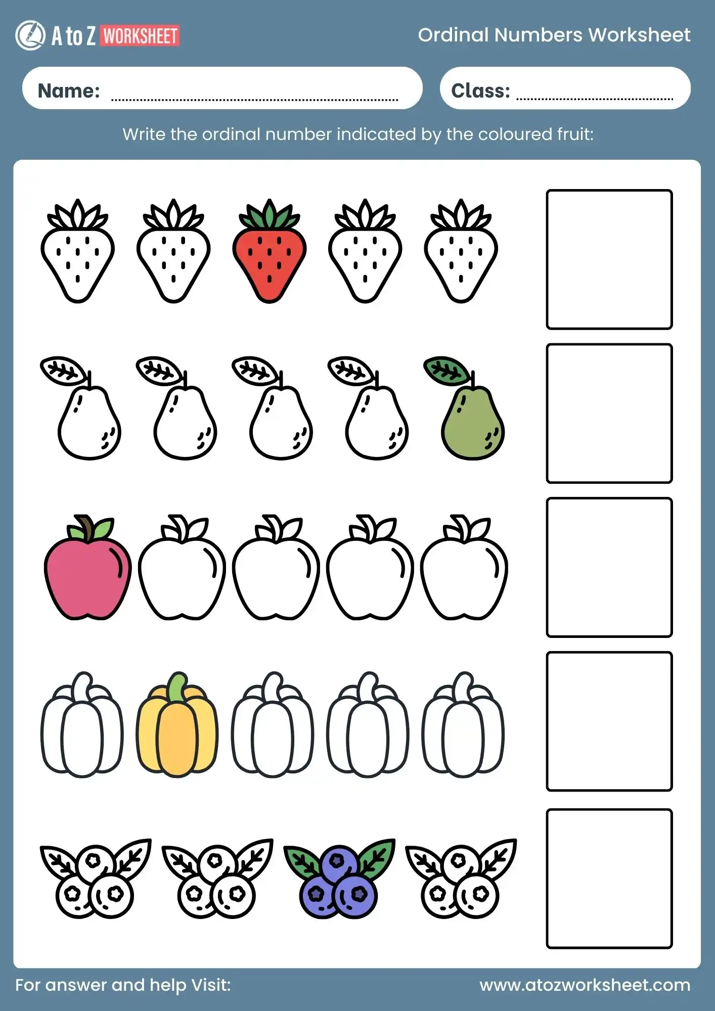 ordinal numbers worksheet fruits activity for class 1 and class 2