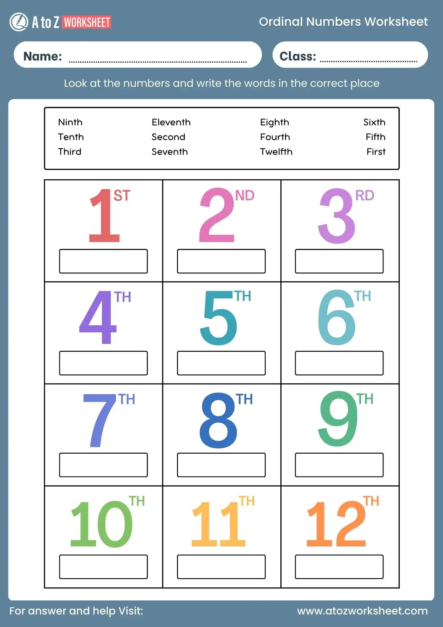 ordinal numbers worksheet write words for numbers activity