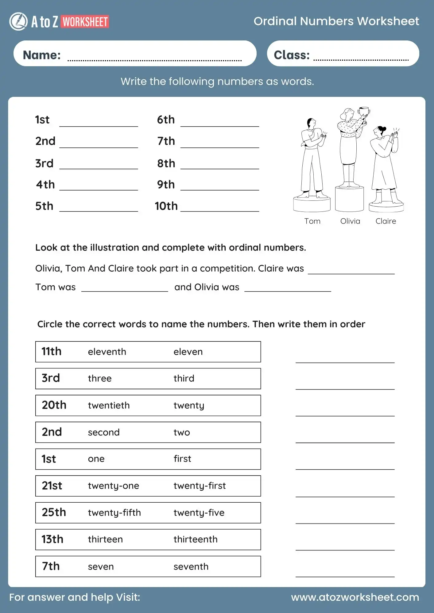 ordinal numbers worksheet fill in the blanks for grade 3 and grade 4