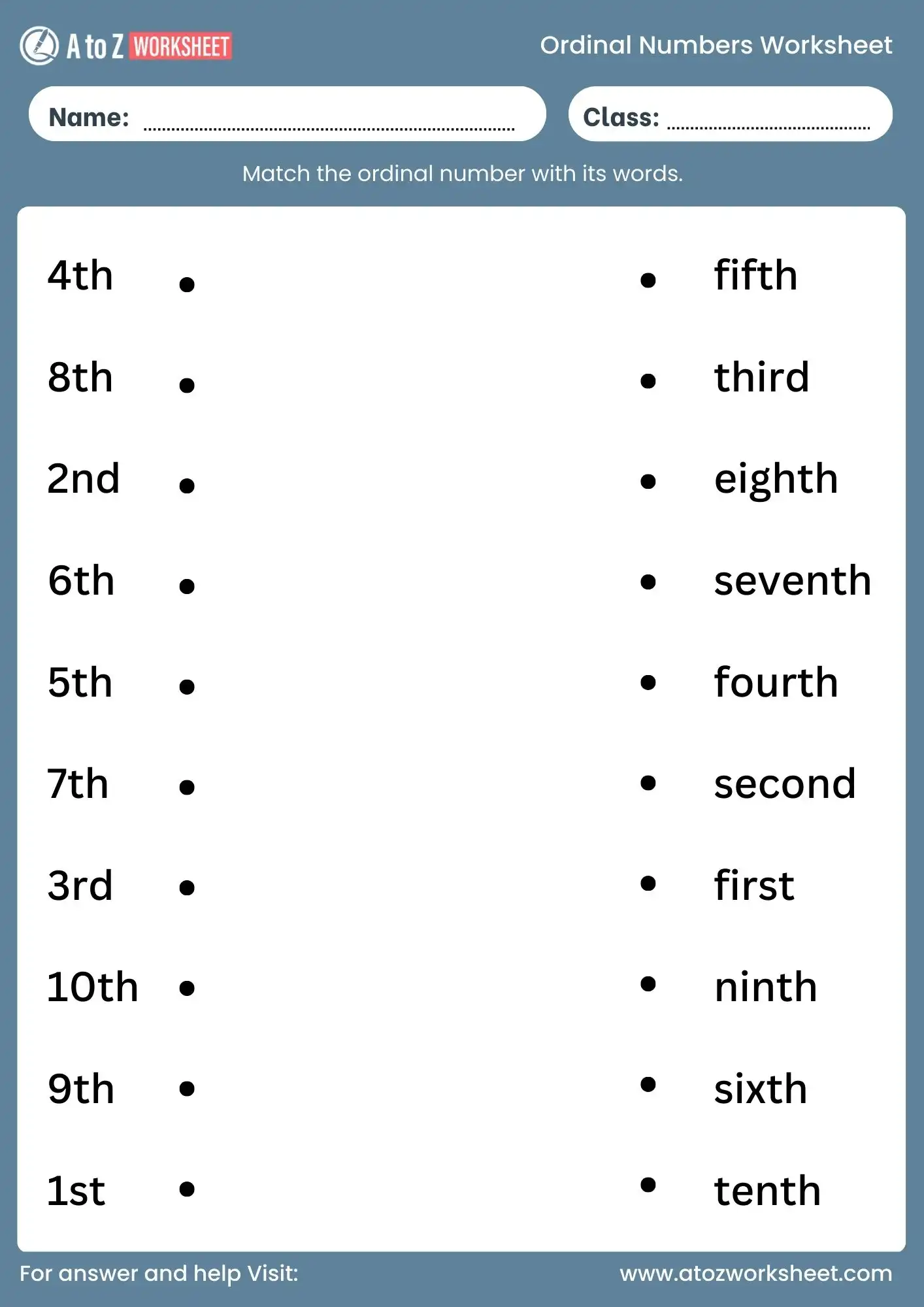 ordinal numbers worksheet grade 1 to grade 4 matching activity
