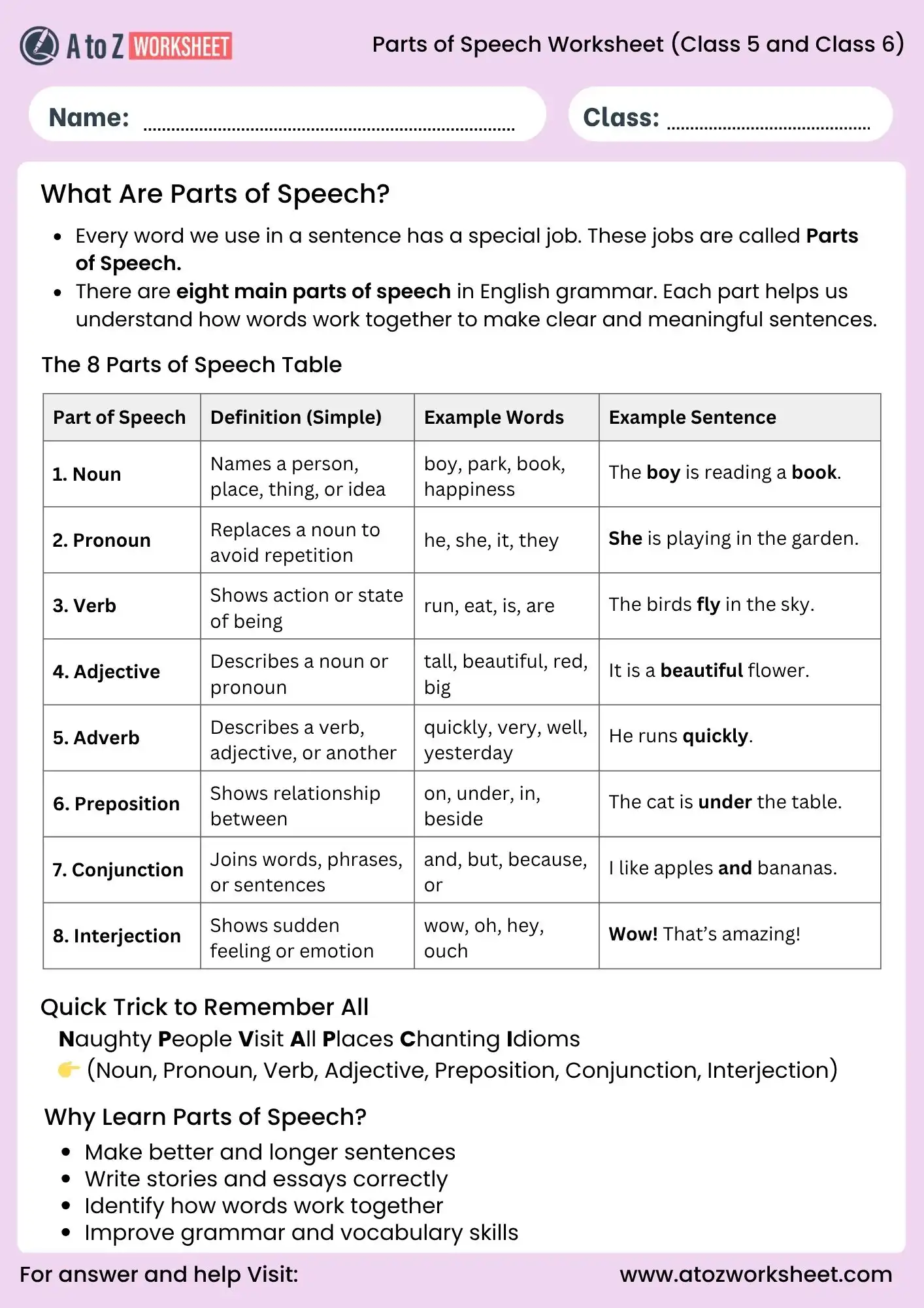 parts of speech worksheet for class 5 and class 6 grammar chart