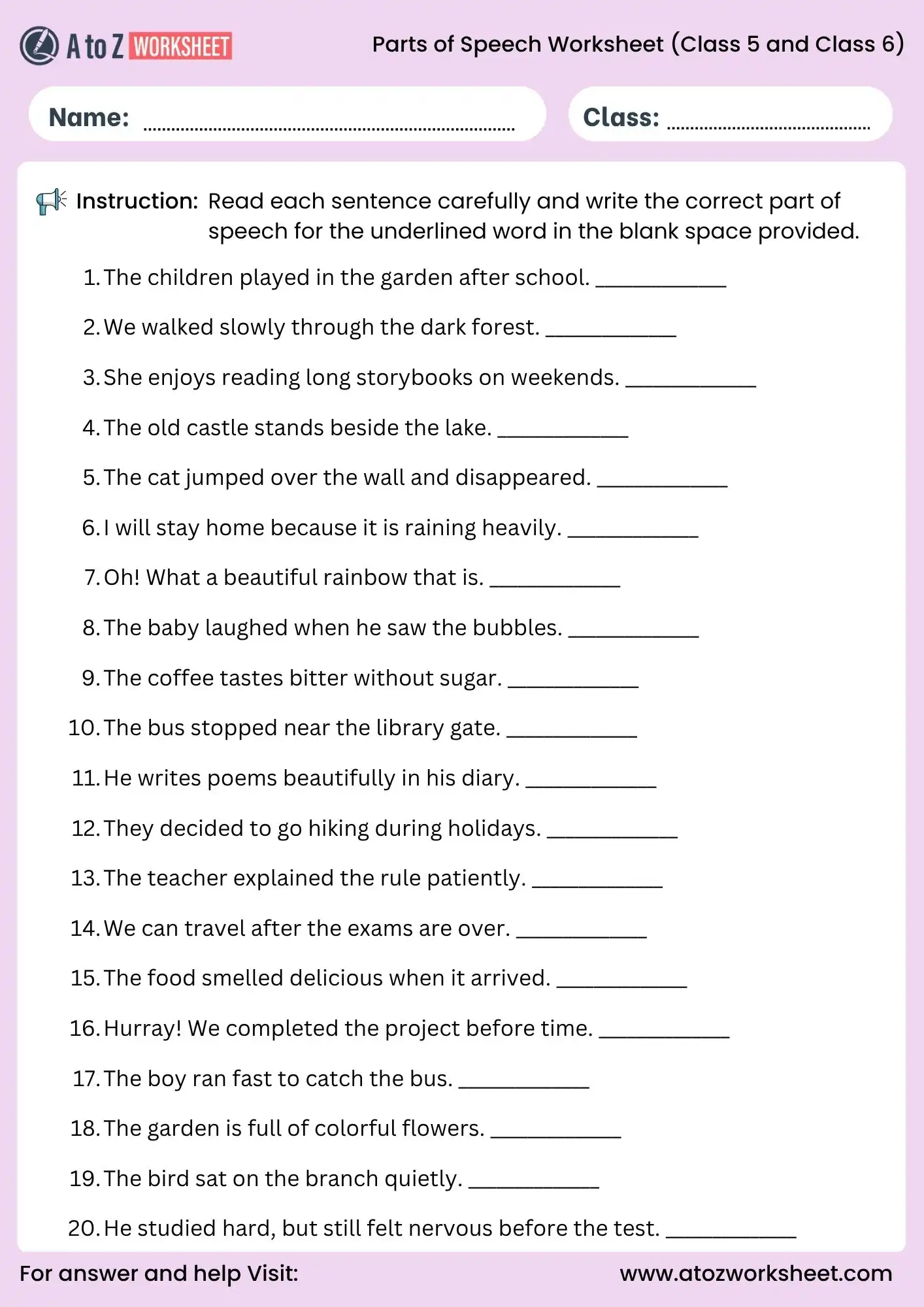 identify the underlined word parts of speech worksheet for class 5 and class 6