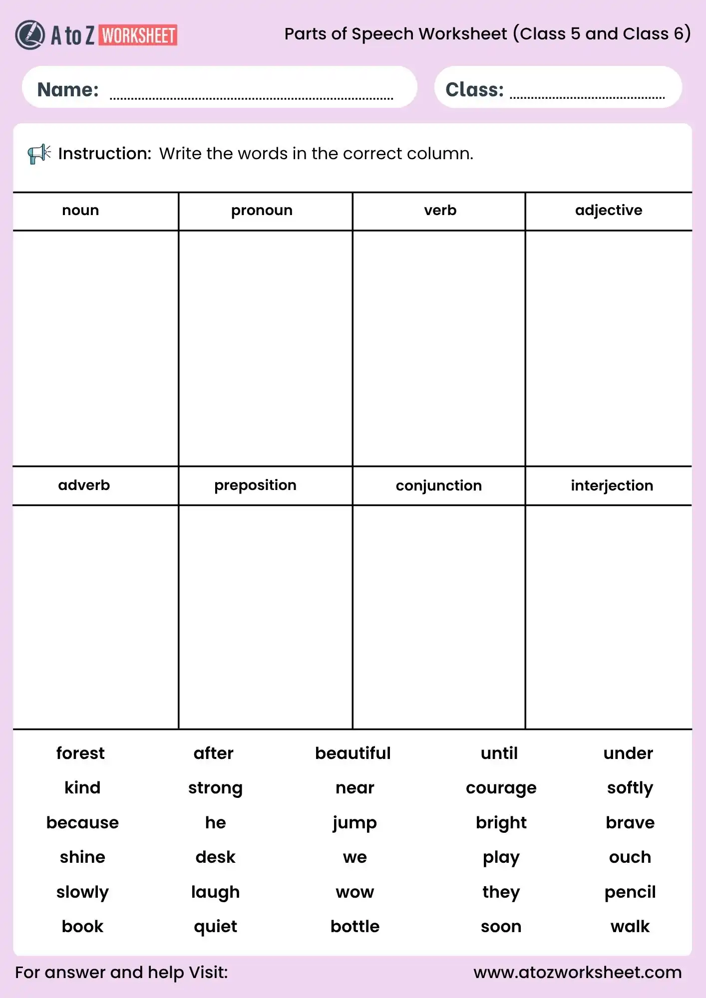 sorting activity parts of speech worksheet for class 5 and class 6
