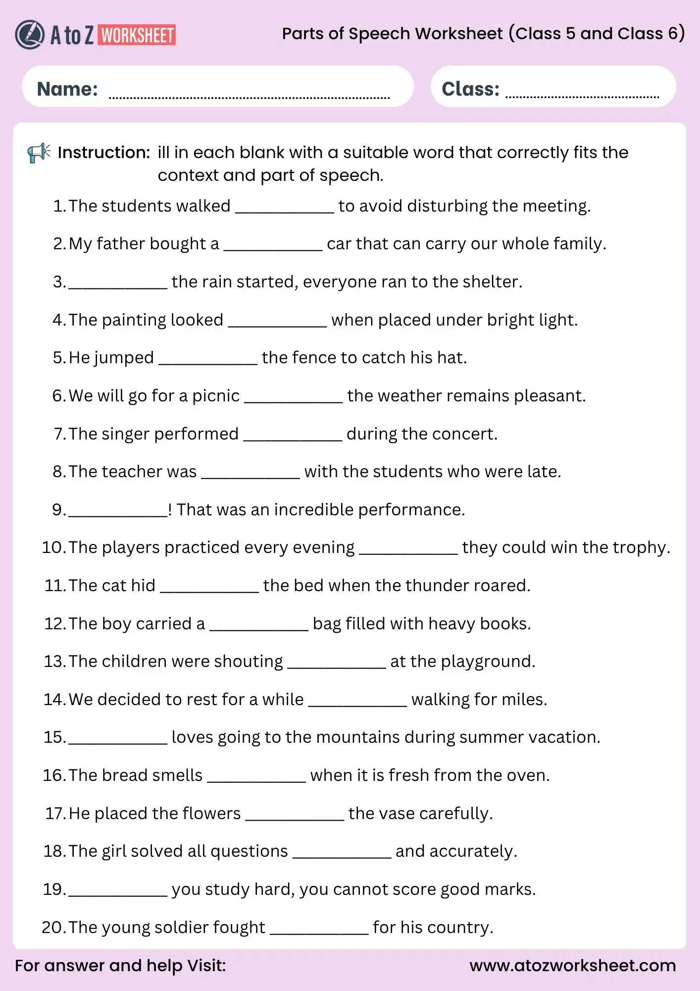 fill in blanks parts of speech worksheet for class 5 and class 6