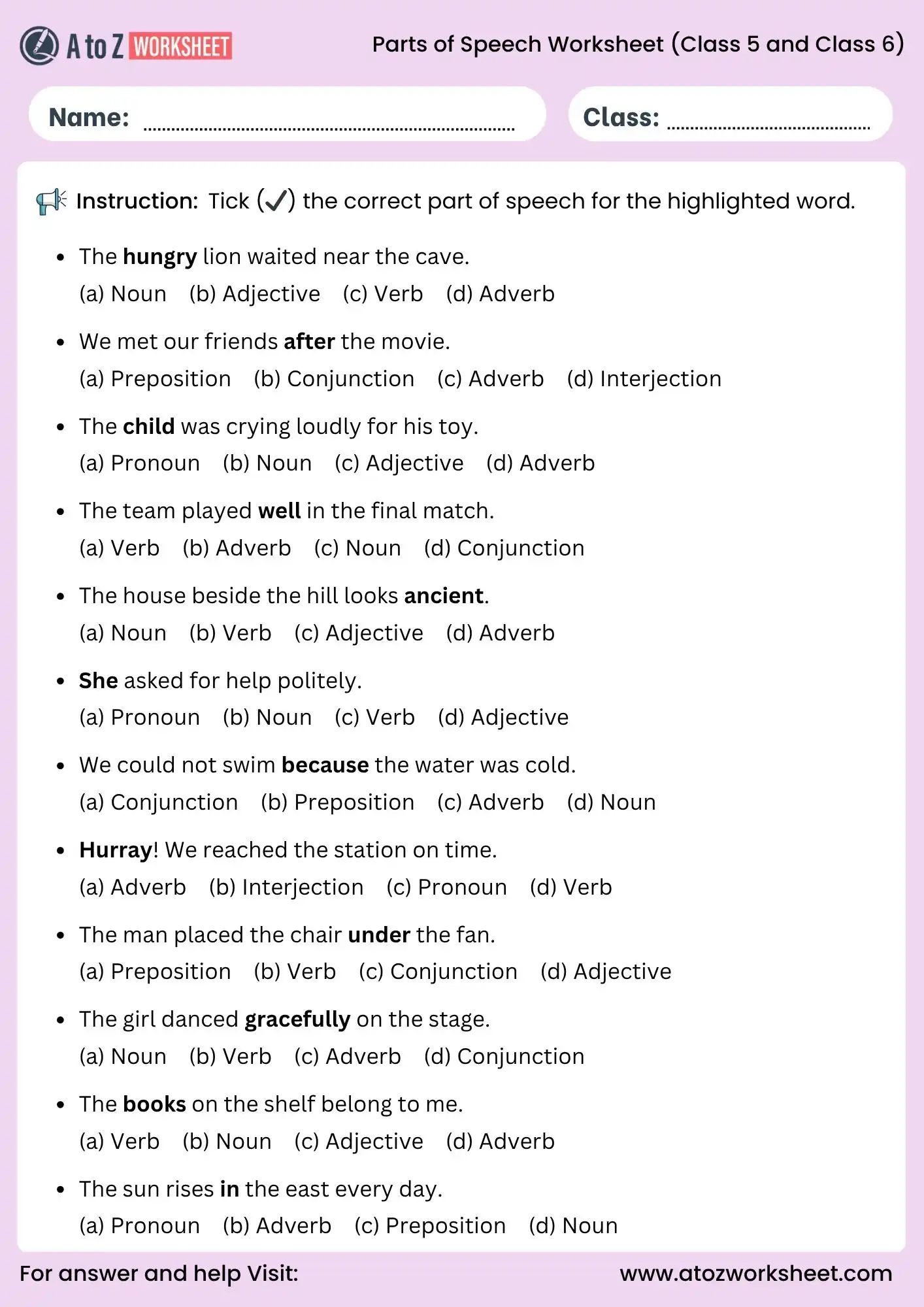 tick the correct part of speech worksheet for class 5 and class 6