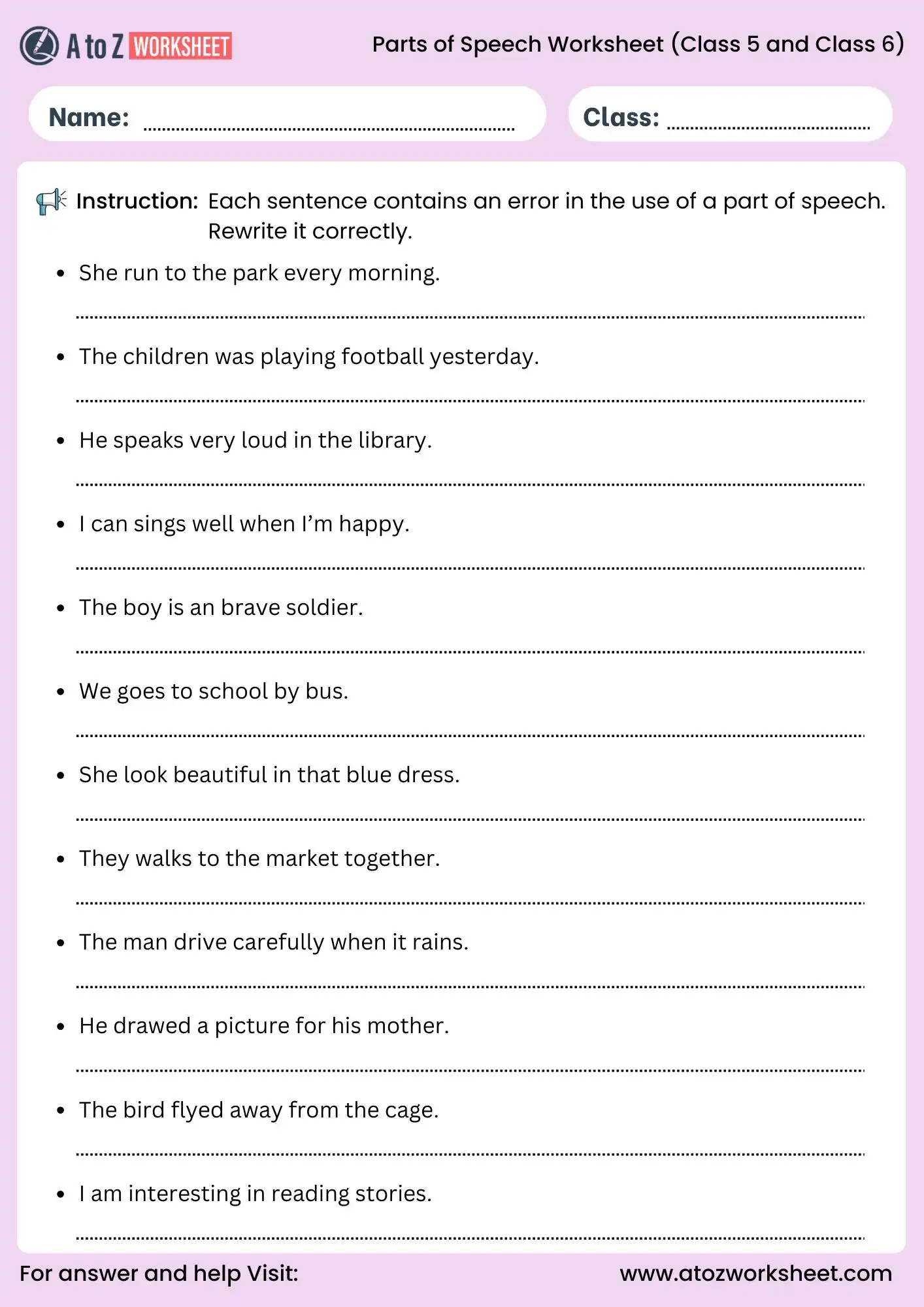 error correction parts of speech worksheet for class 5 and class 6