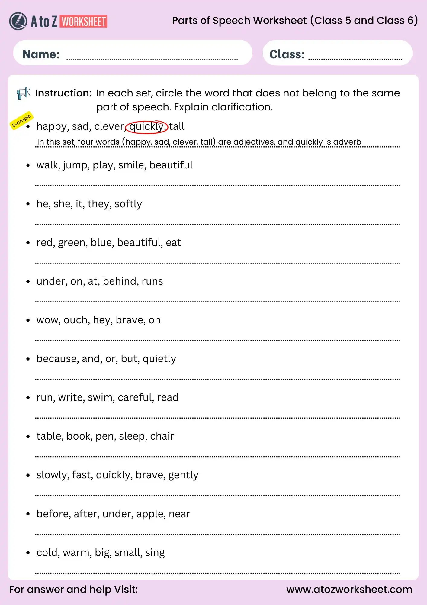 circle the word not matching parts of speech worksheet for class 5 and class 6
