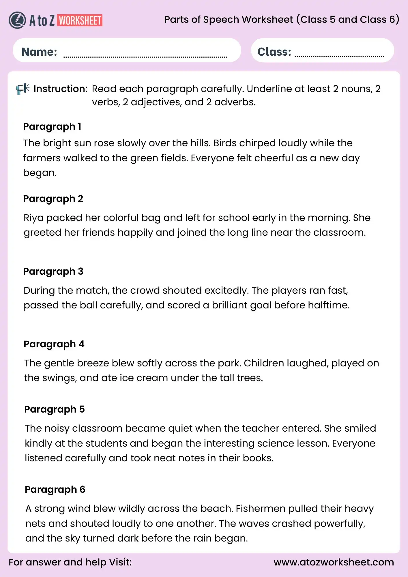 paragraph reading parts of speech worksheet for class 5 and class 6