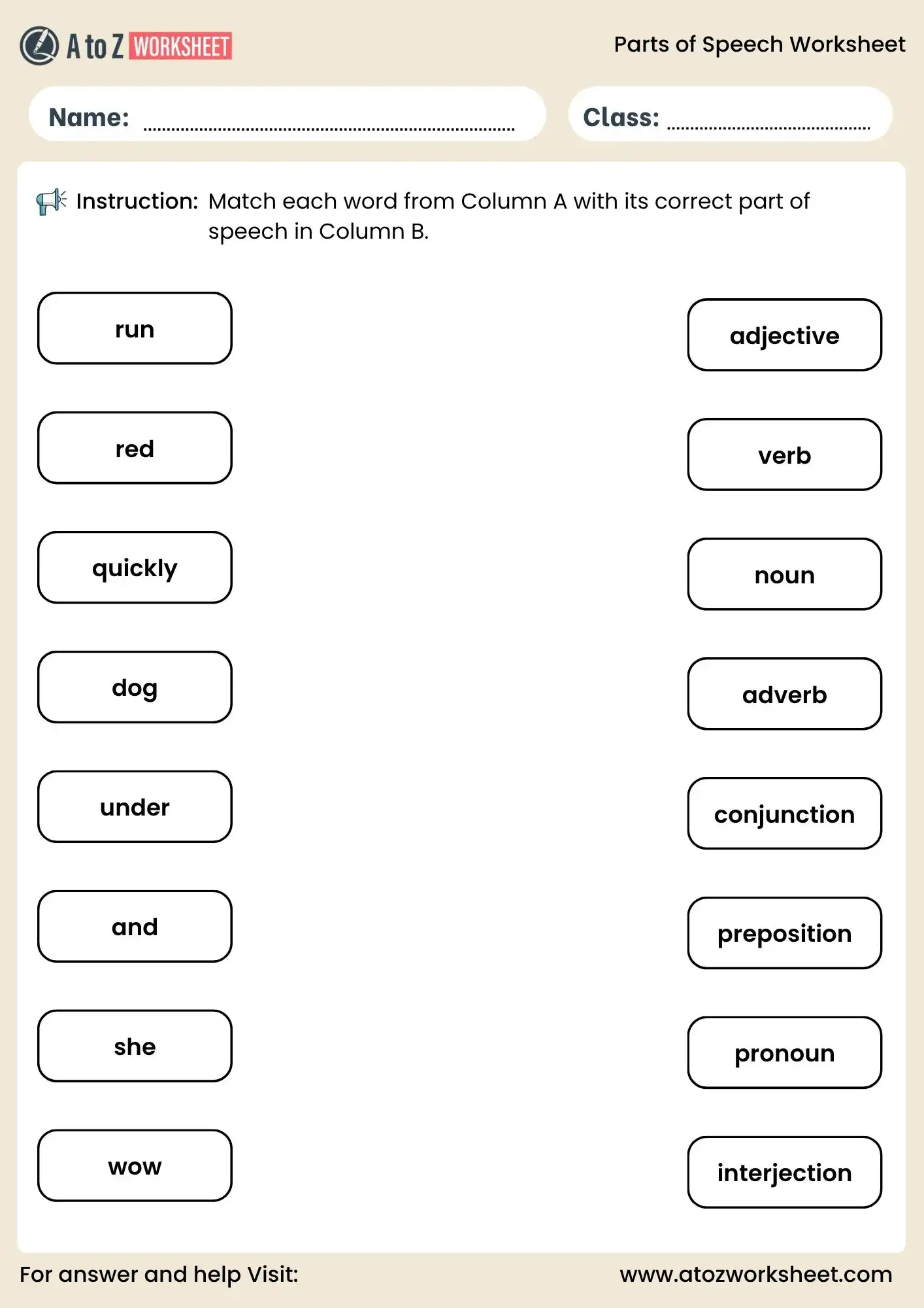 parts of speech worksheets matching exercise for beginners