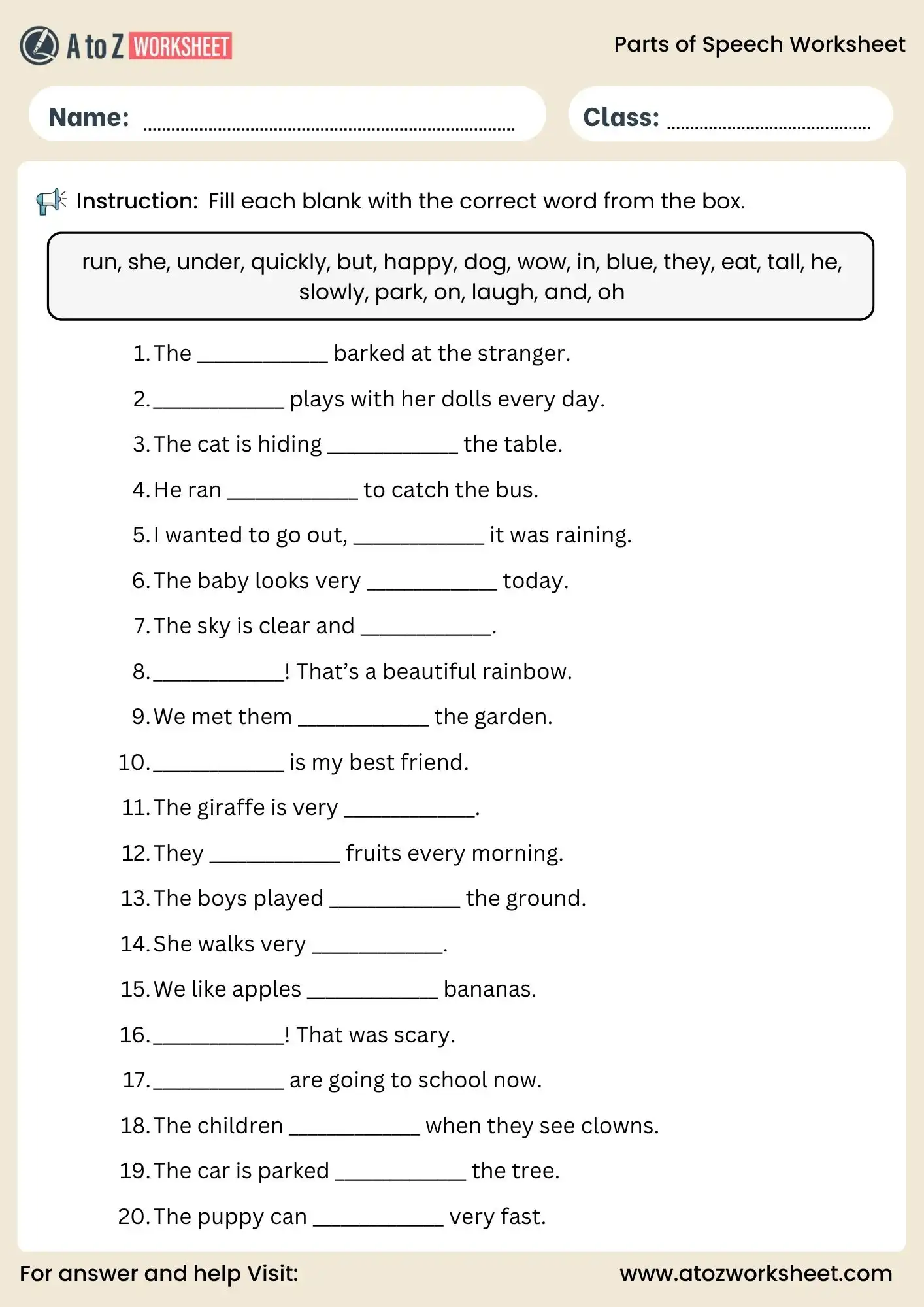 parts of speech worksheets fill in the blanks activity