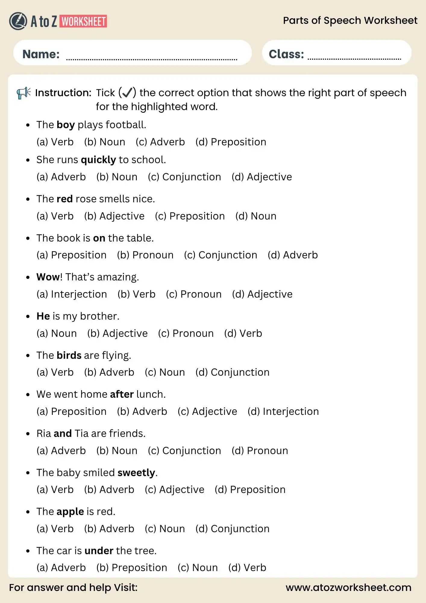 parts of speech worksheets multiple choice questions for kids