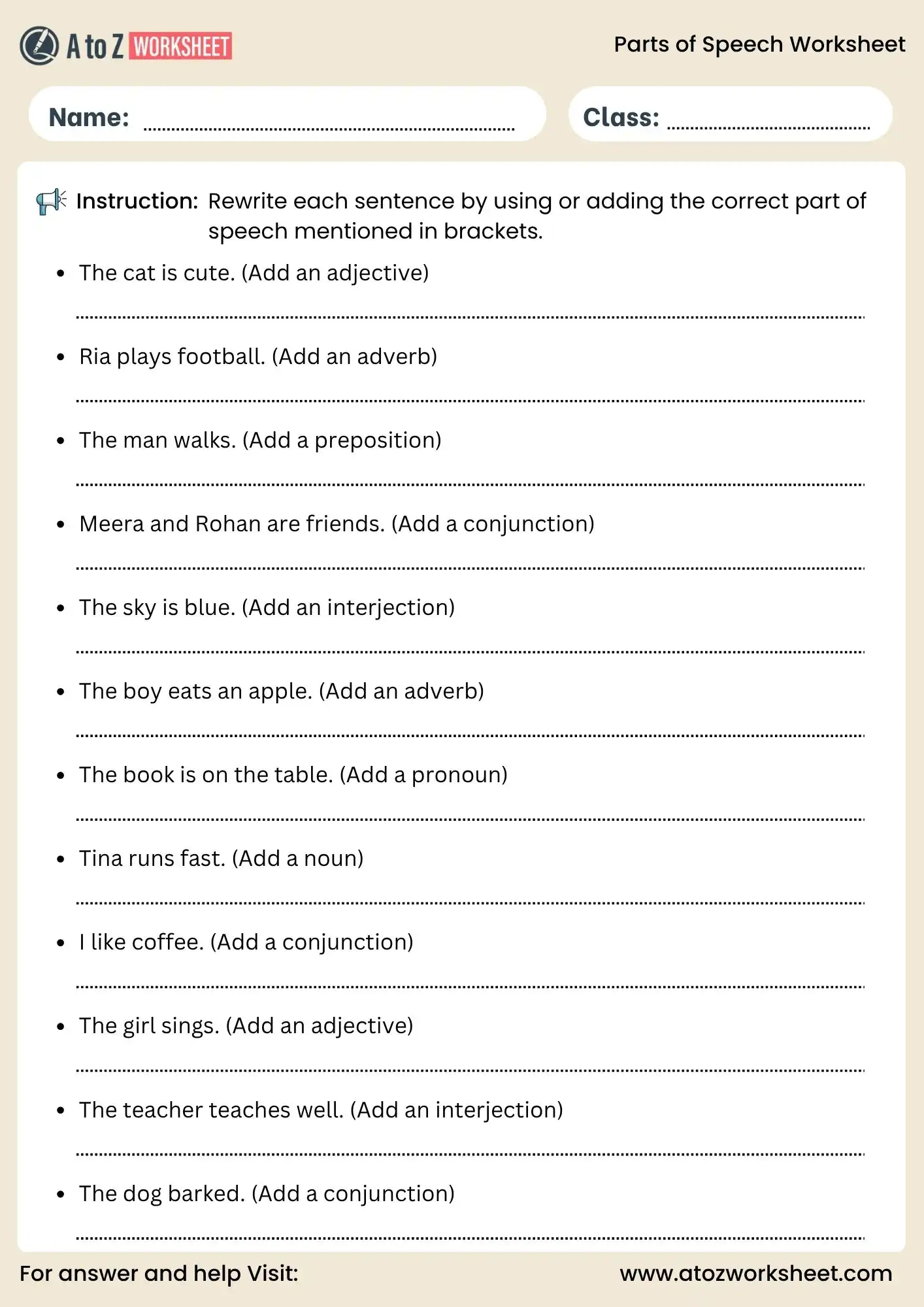 parts of speech worksheets rewrite sentences grammar practice
