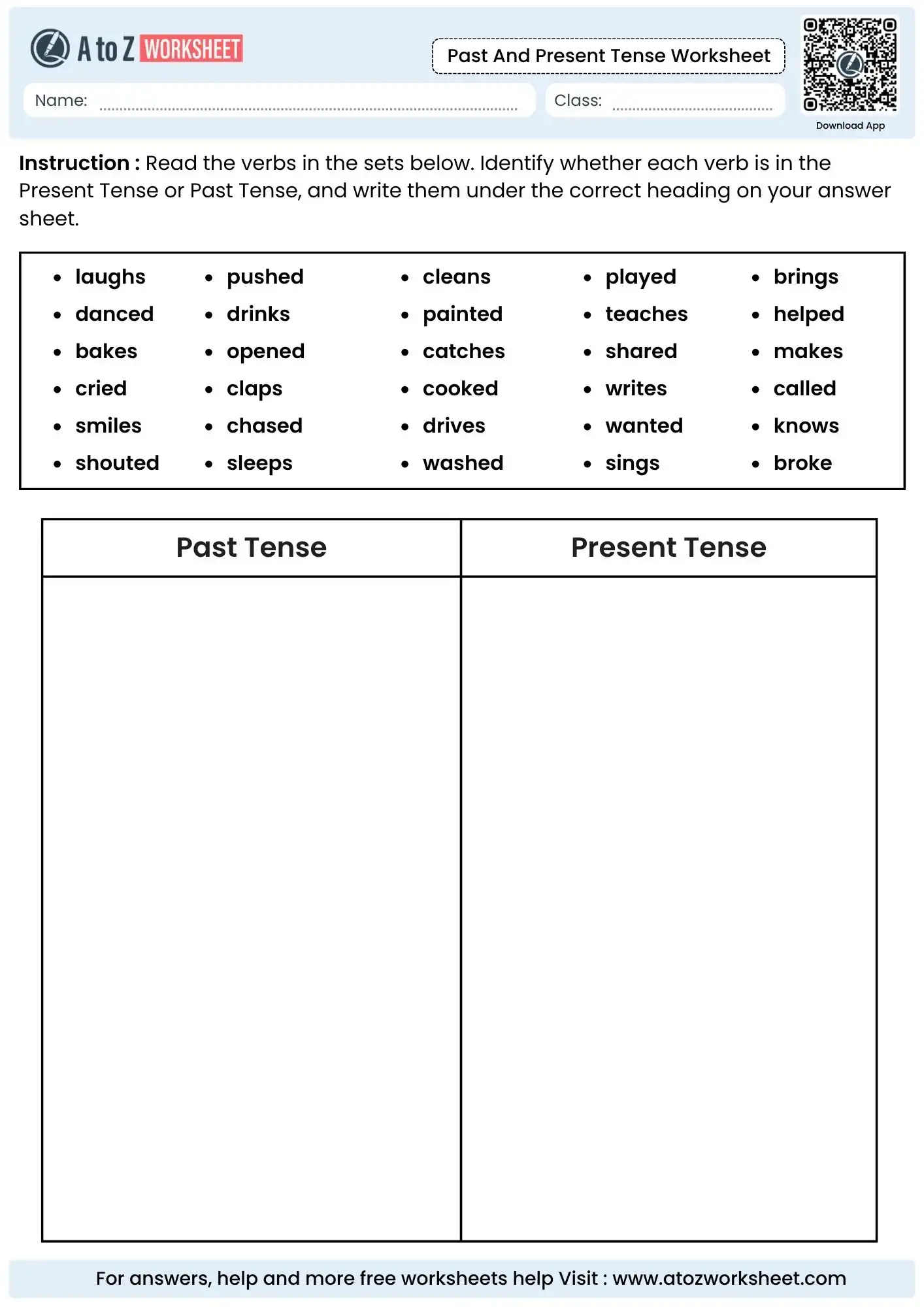 past and present tense worksheets featuring a box of action verbs for sorting practice