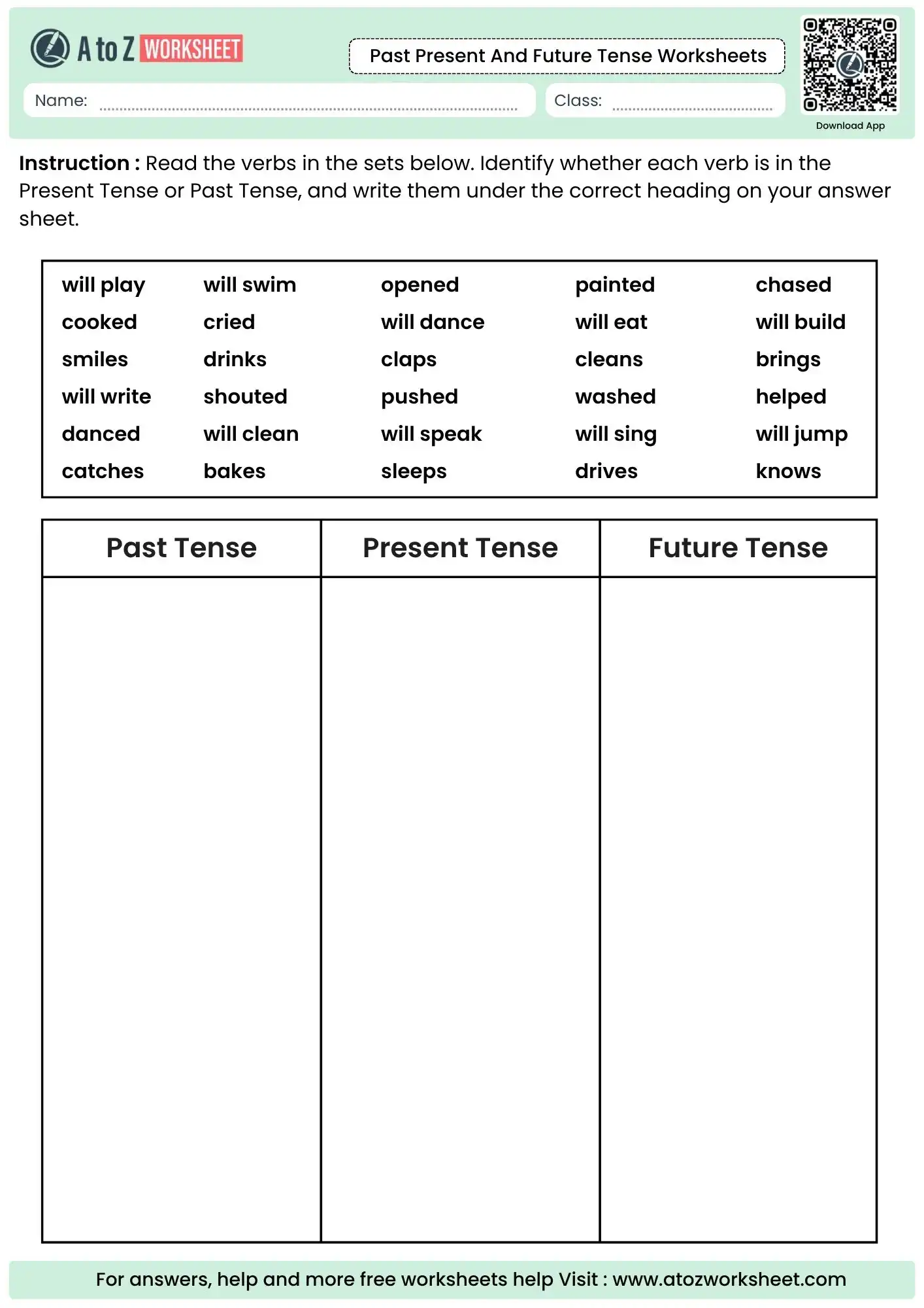 past present and future tense worksheets featuring a basic three column verb sorting chart