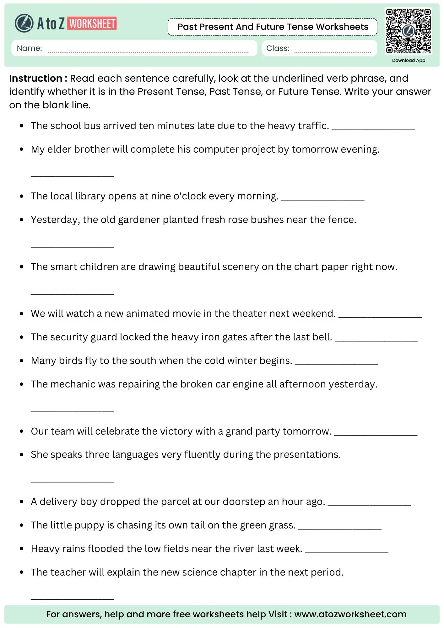 sentence analysis past present and future tense worksheets with empty lines for identifying timelines