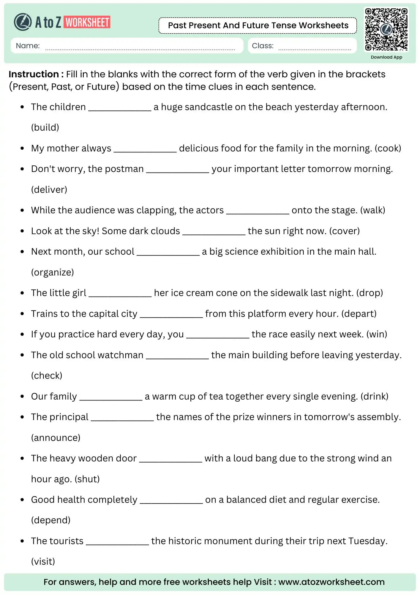 fill in the blank past present and future tense worksheets with contextual hints in brackets