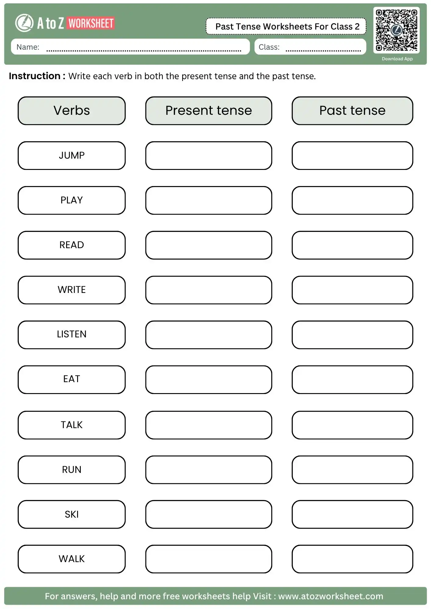 past tense worksheets for class 2 verb table printable pdf with answers