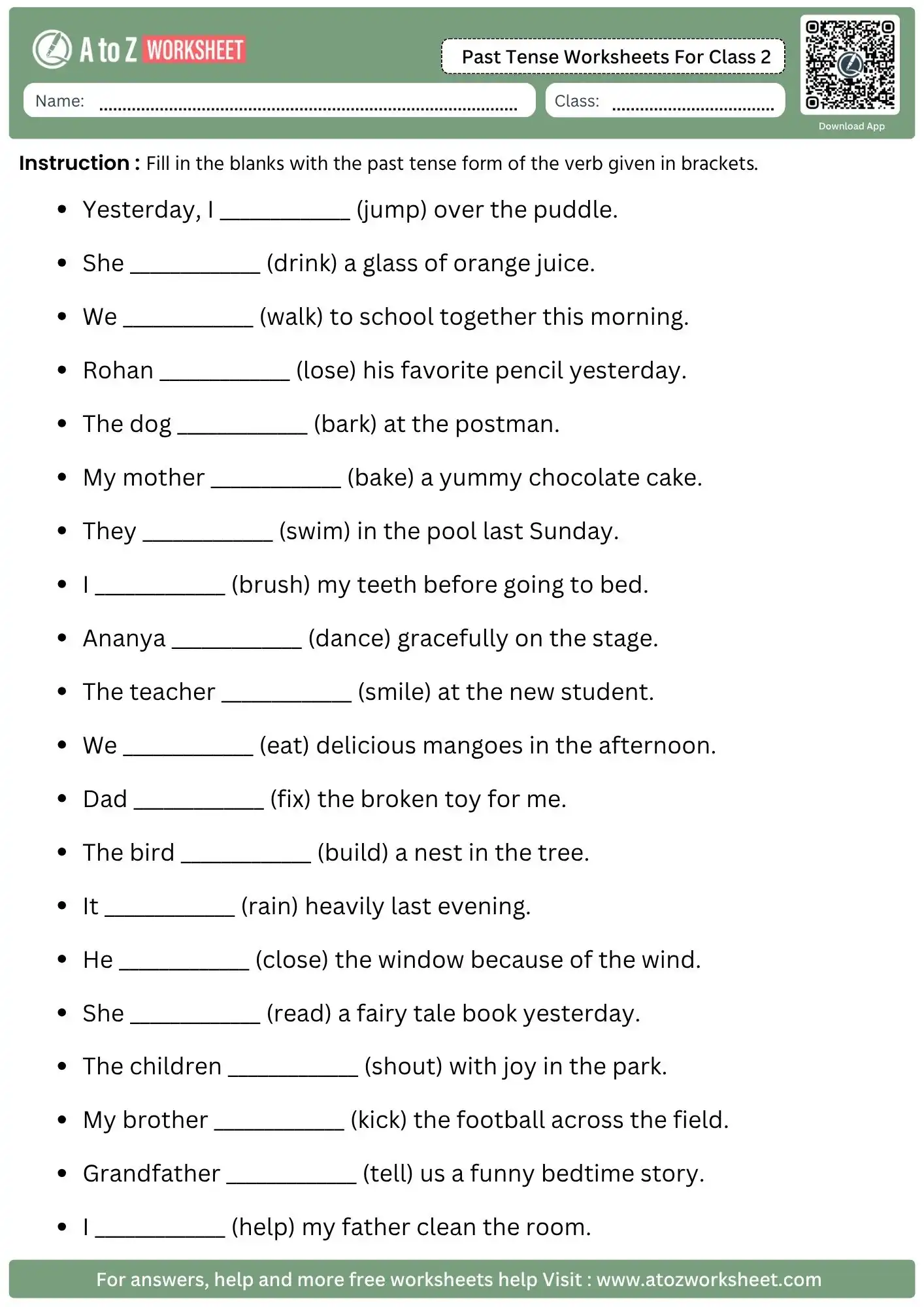 past tense worksheets for class 2 fill in the blanks english grammar with answers