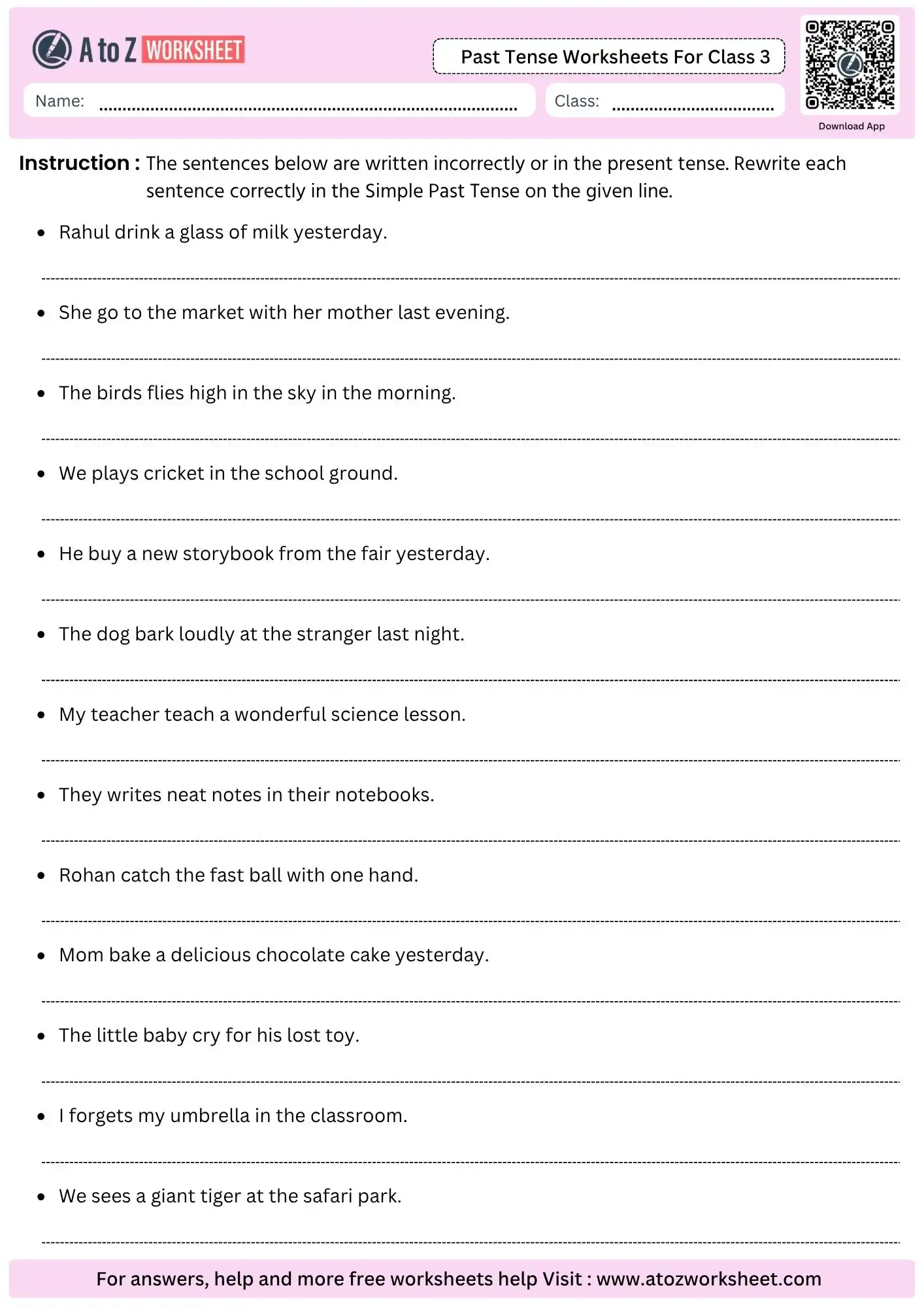 past tense worksheets for class 3 rewrite sentences printable pdf with answers
