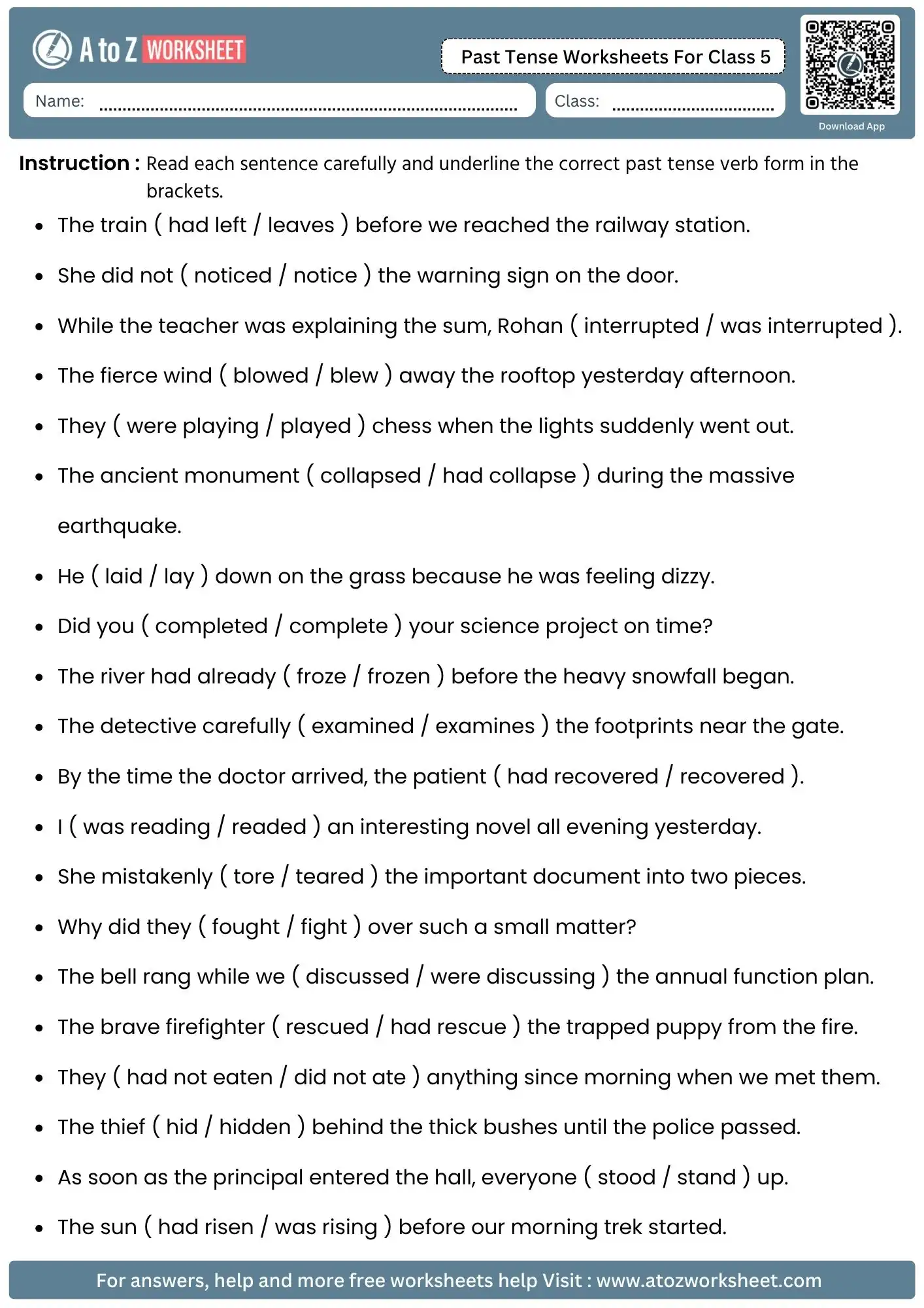 past tense worksheets for class 5 multiple choice exercises printable pdf with answers