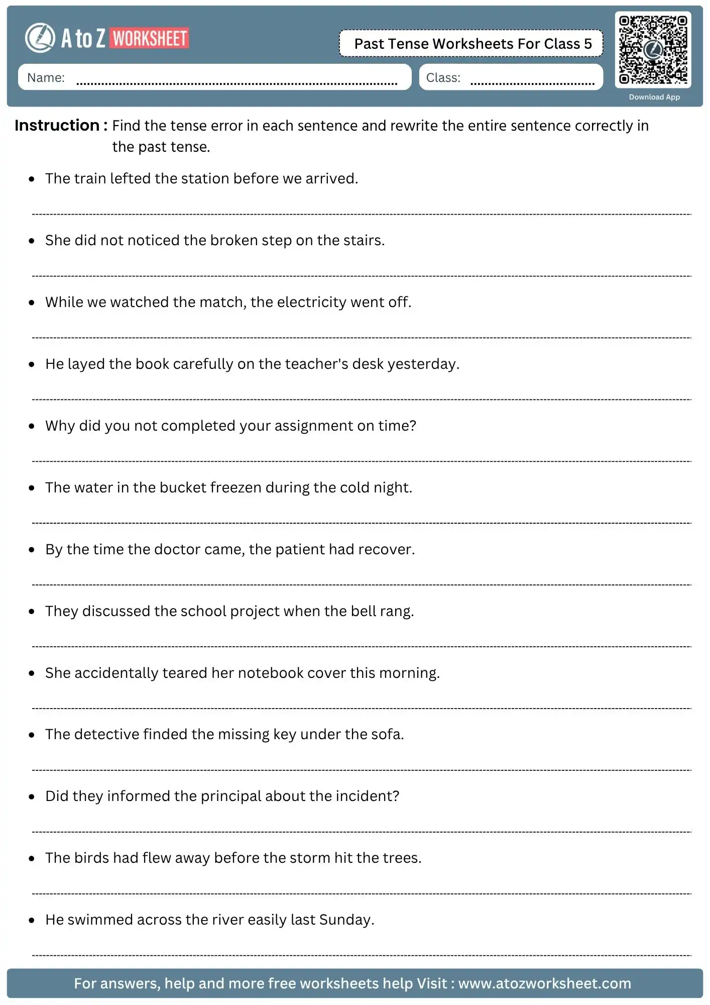 past tense worksheets for class 5 error correction printable pdf with answers