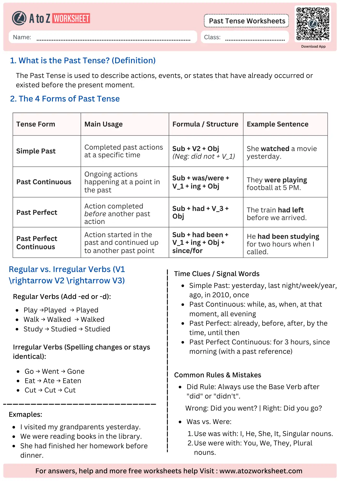 past tense worksheets rules chart printable pdf english grammar with answers