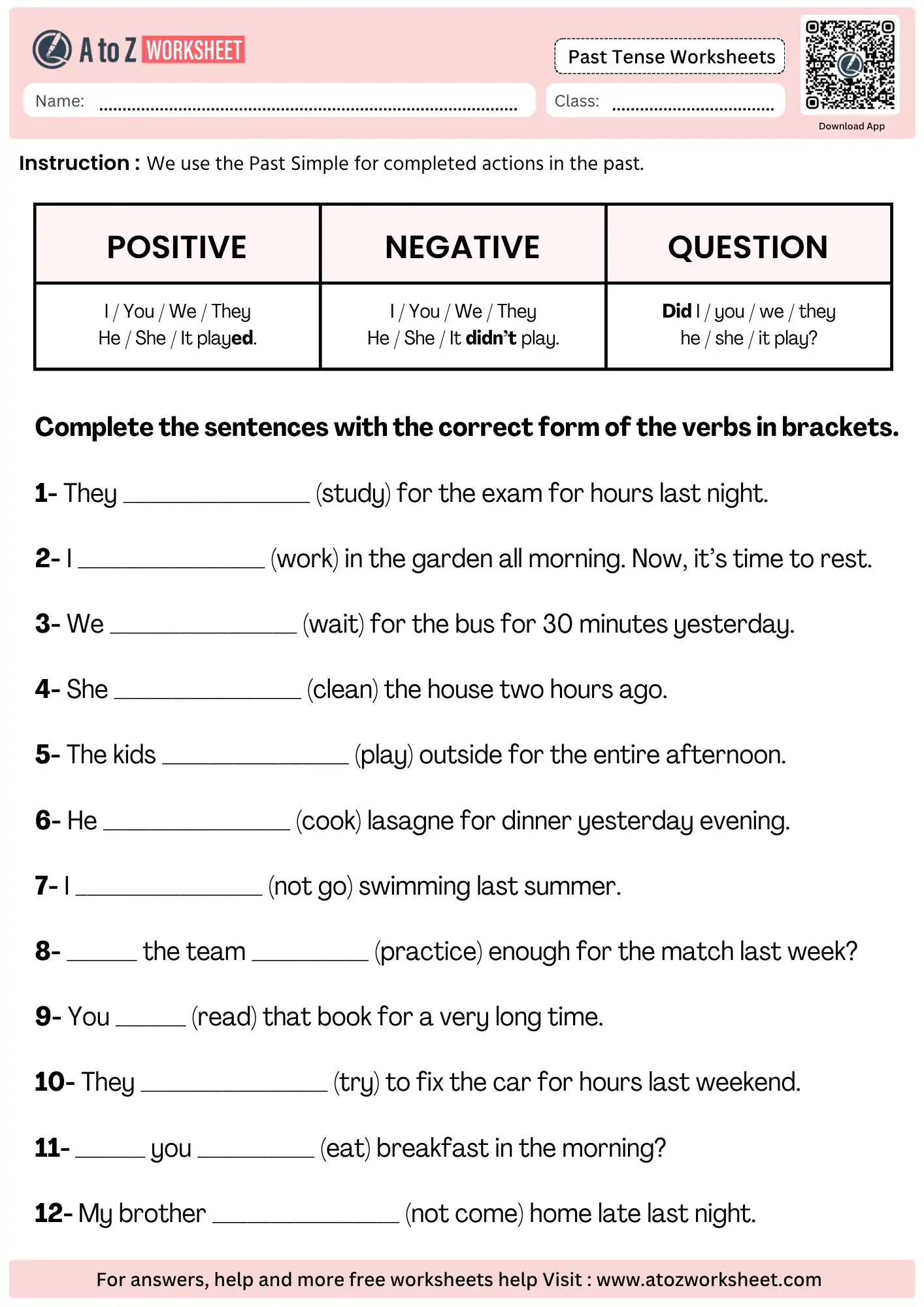past tense worksheets positive negative question forms printable pdf with answers