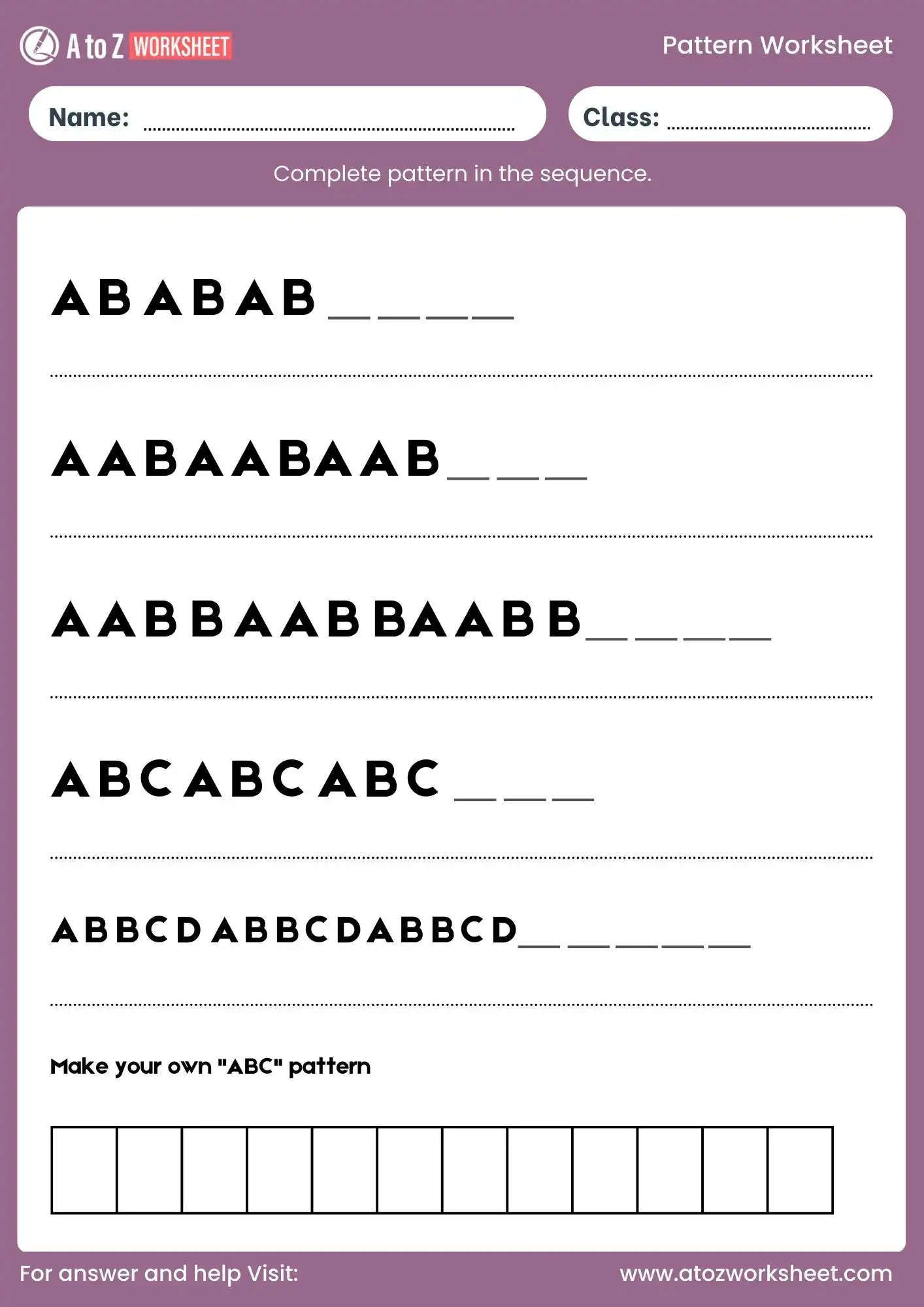 pattern worksheet for class 1 alphabet sequence