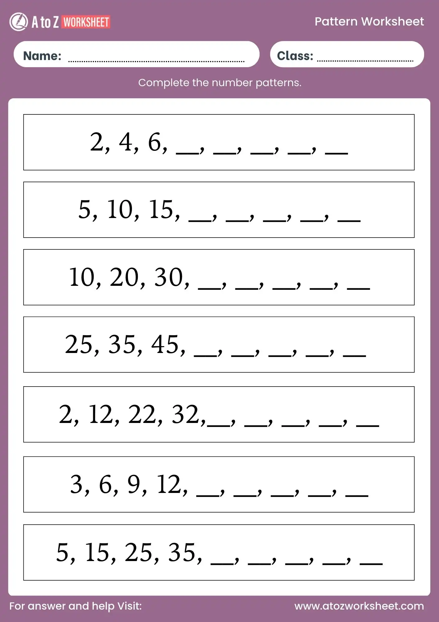 pattern worksheet for class 1 number series